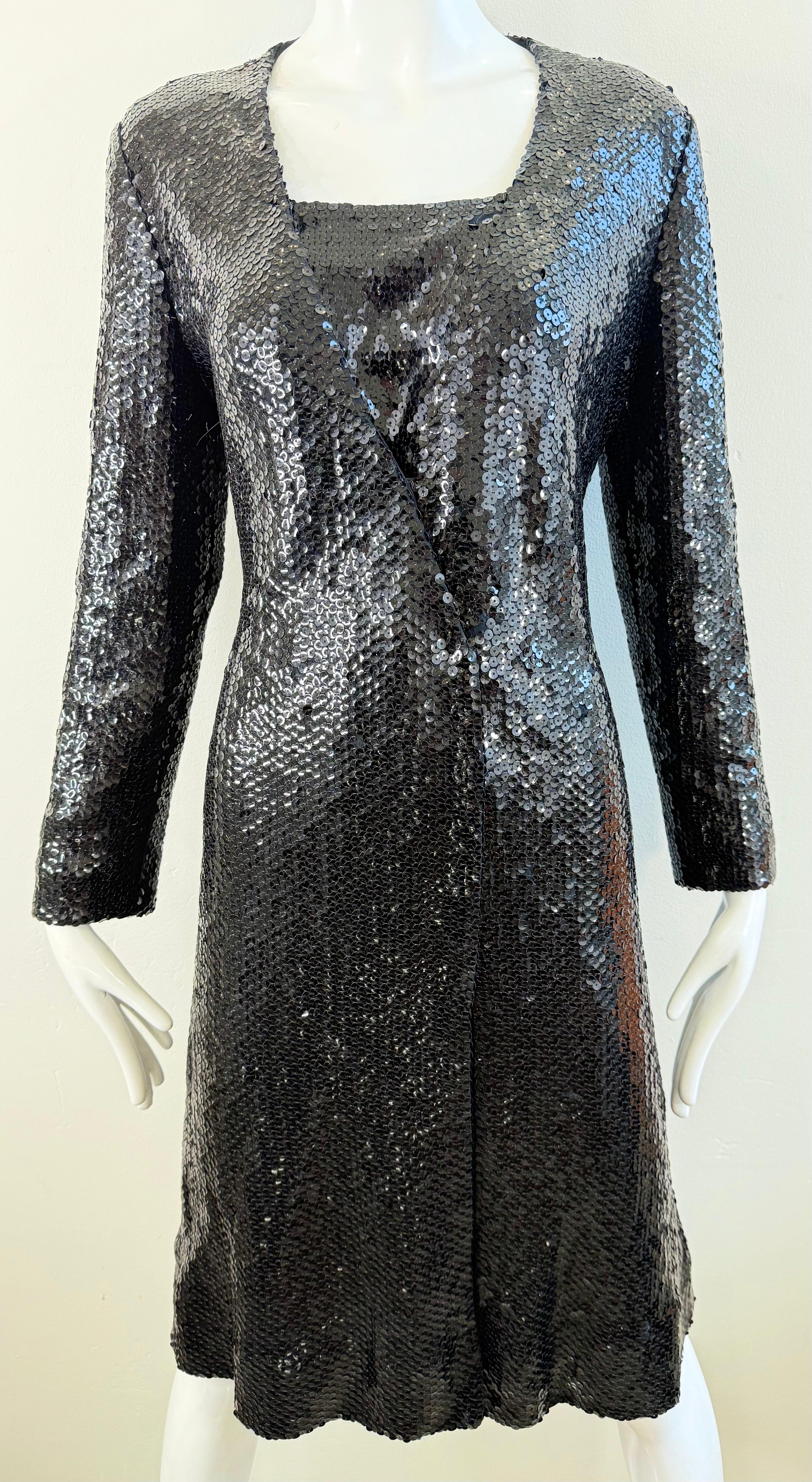 1970s Halston Black Sequin Wrap Dress Vintage Studio 54 Disco Evening Red Carpet For Sale 12
