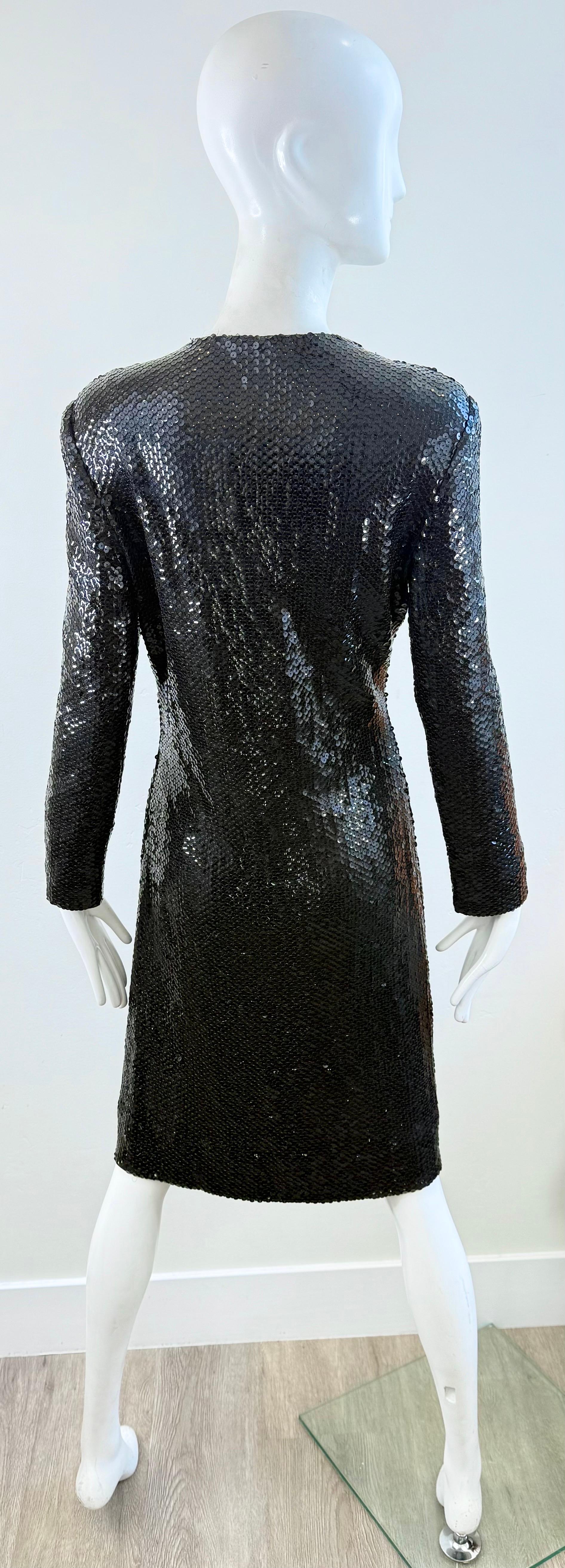 1970s Halston Black Sequin Wrap Dress Vintage Studio 54 Disco Evening Red Carpet For Sale 13