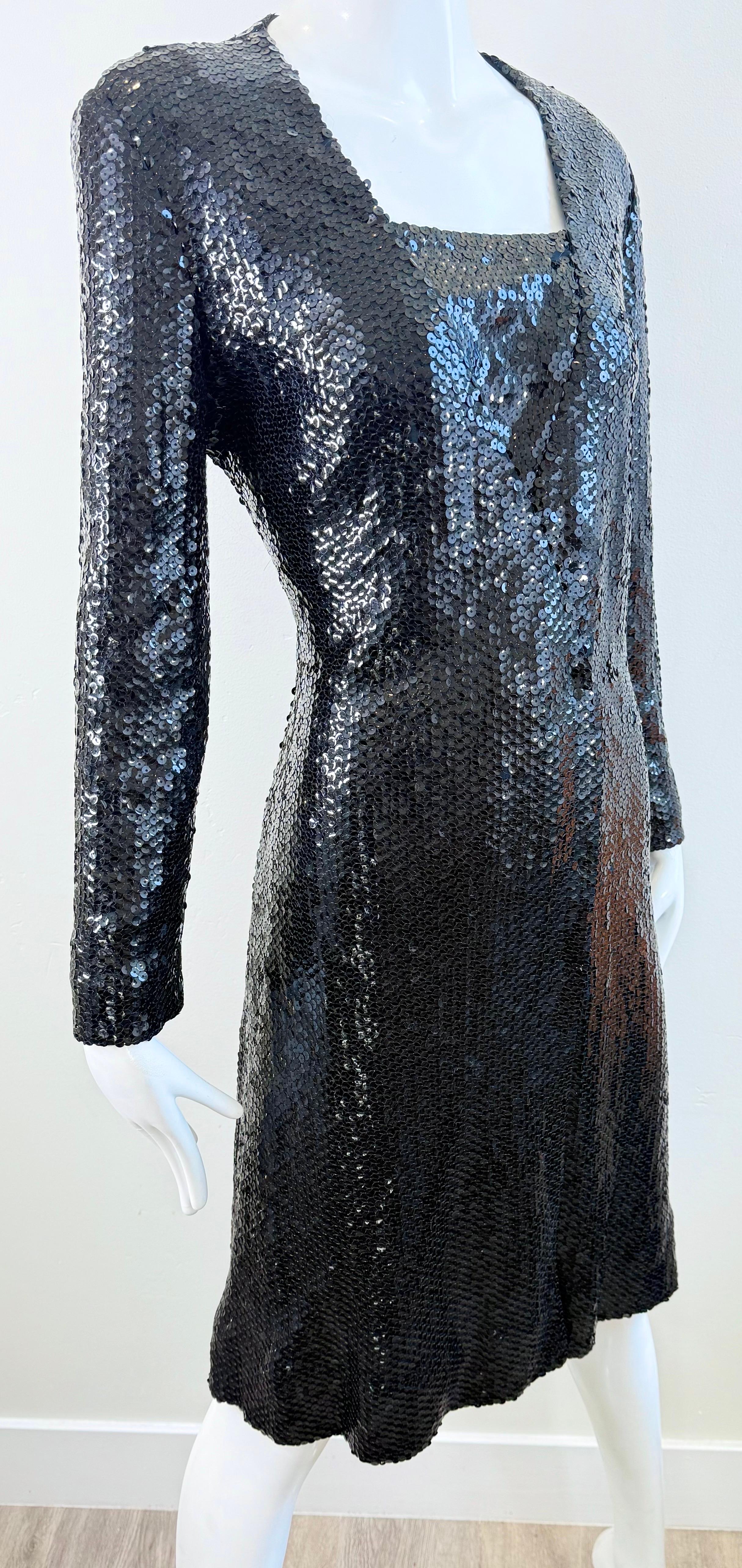1970s Halston Black Sequin Wrap Dress Vintage Studio 54 Disco Evening Red Carpet For Sale 14