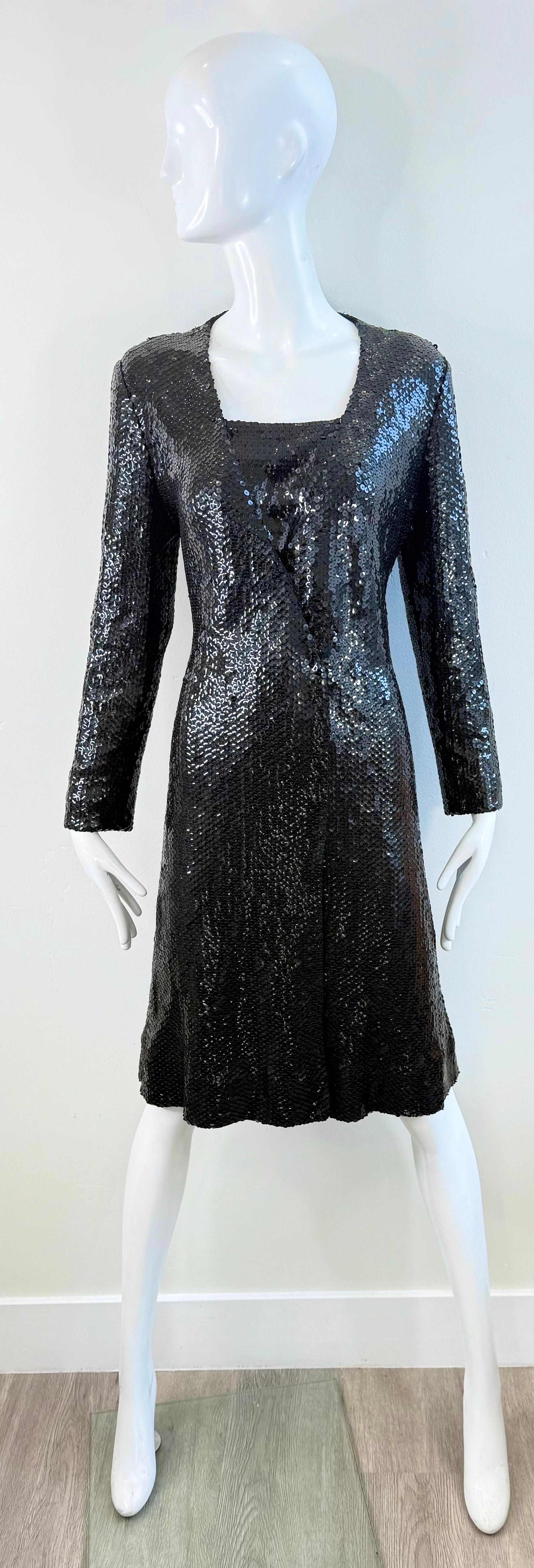 1970s Halston Black Sequin Wrap Dress Vintage Studio 54 Disco Evening Red Carpet For Sale 15