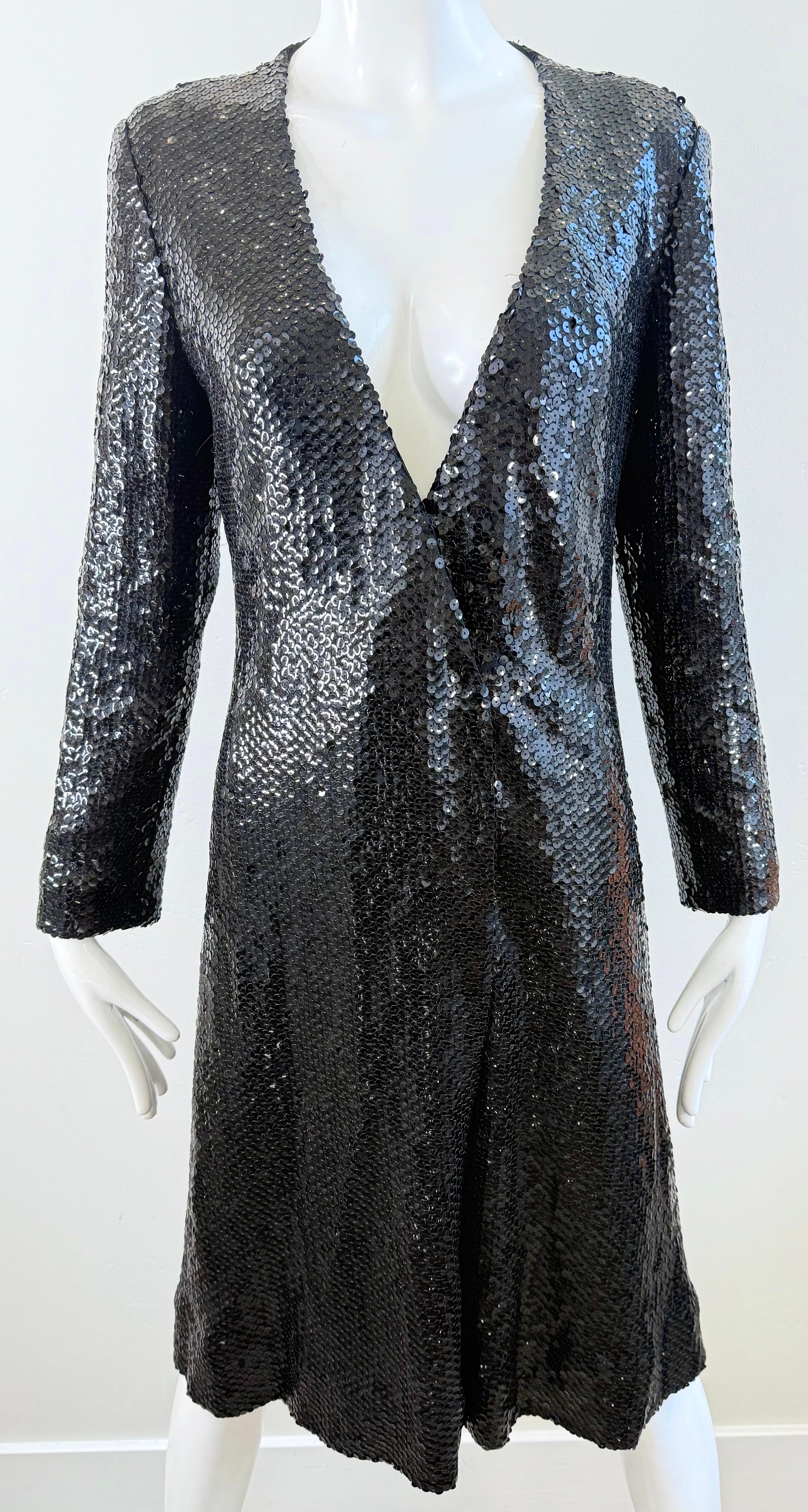 Women's 1970s Halston Black Sequin Wrap Dress Vintage Studio 54 Disco Evening Red Carpet For Sale