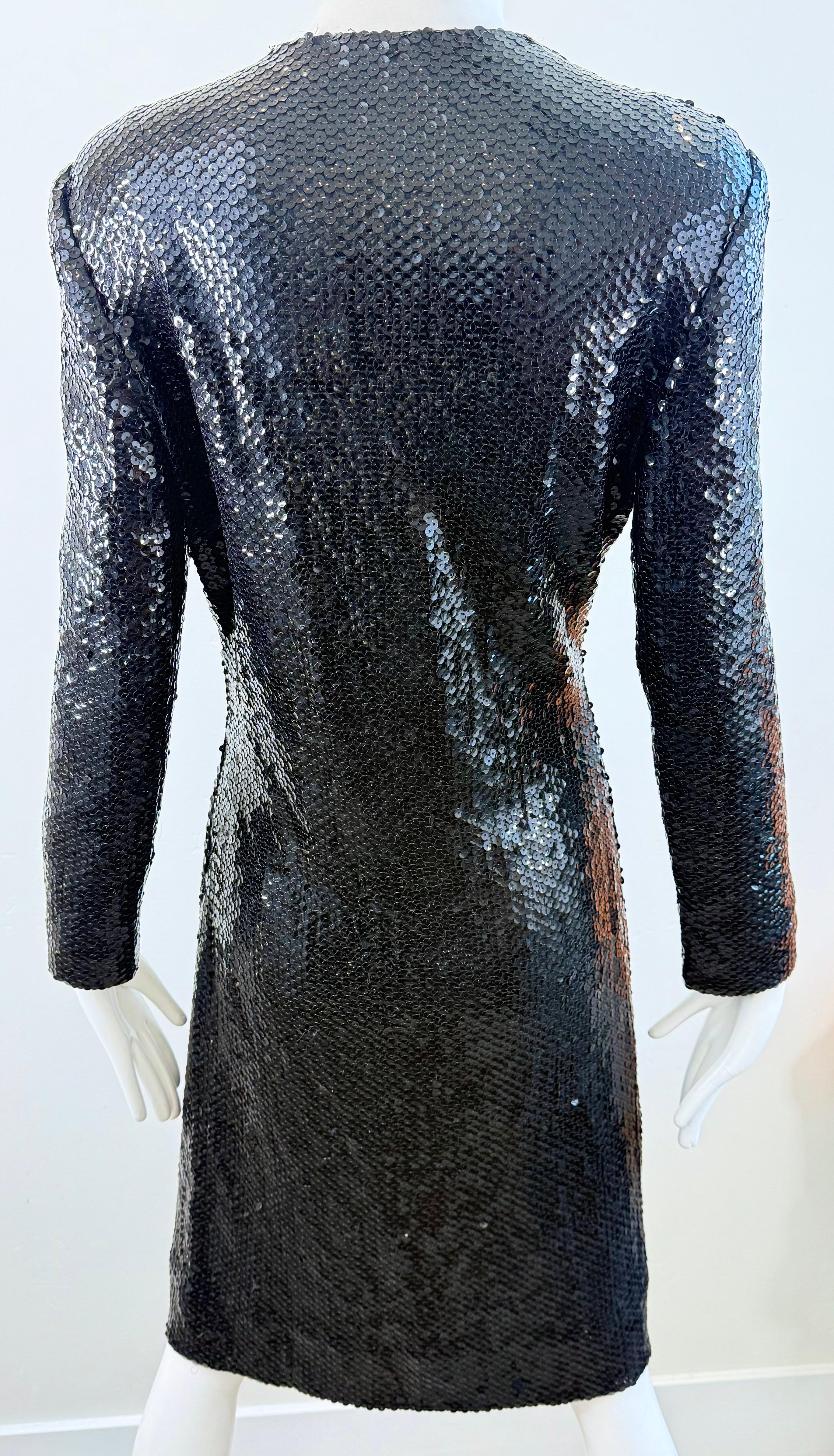 1970s Halston Black Sequin Wrap Dress Vintage Studio 54 Disco Evening Red Carpet For Sale 3