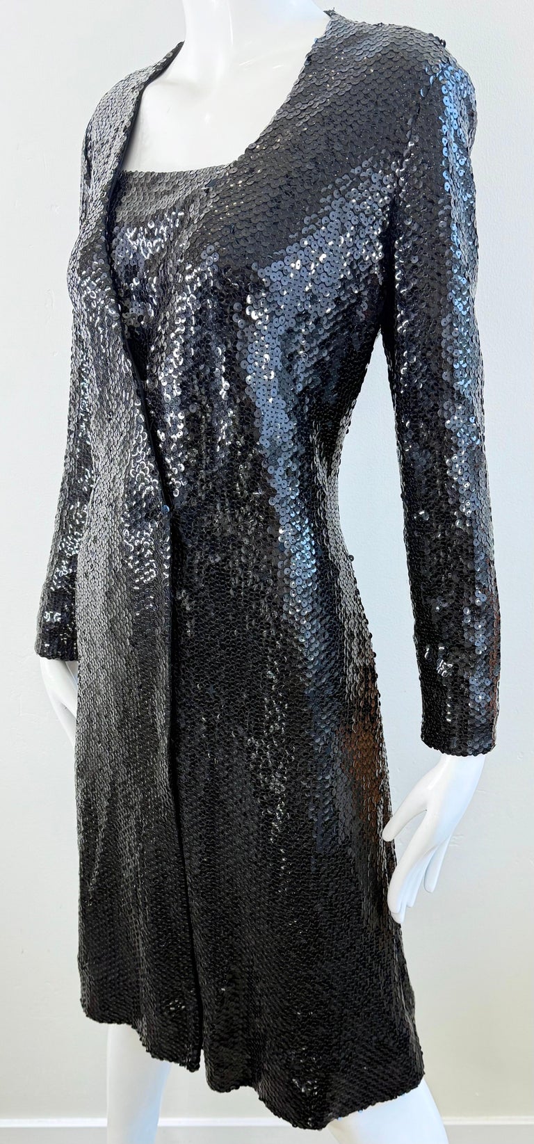 1970s Halston Black Sequin Wrap Dress Vintage Studio 54 Disco Evening Red Carpet