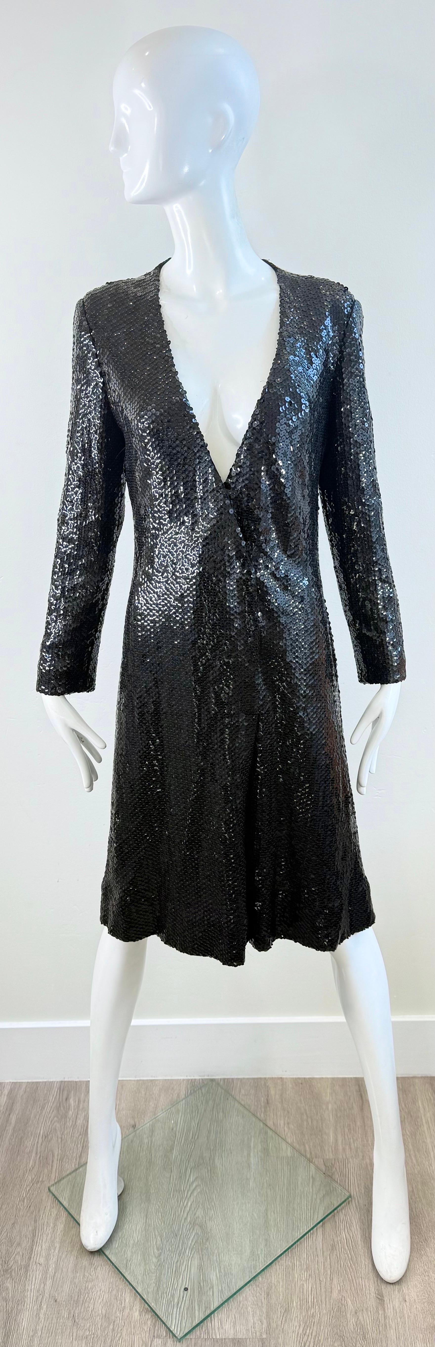 1970s Halston Black Sequin Wrap Dress Vintage Studio 54 Disco Evening Red Carpet For Sale 5