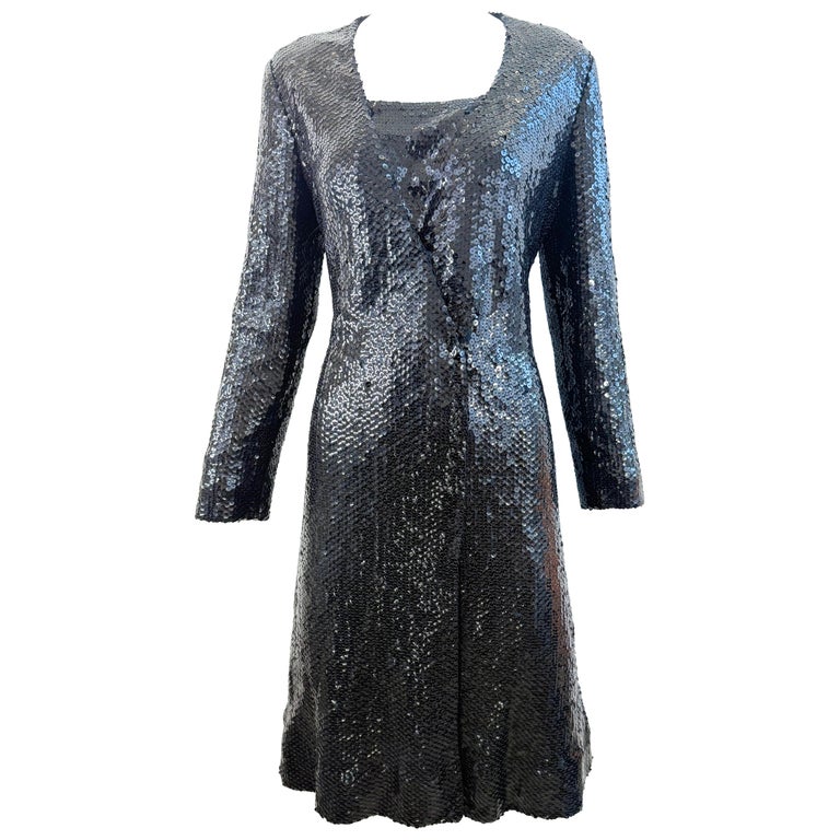 Halston anni '70, abito a portafoglio con paillettes nere Vintage