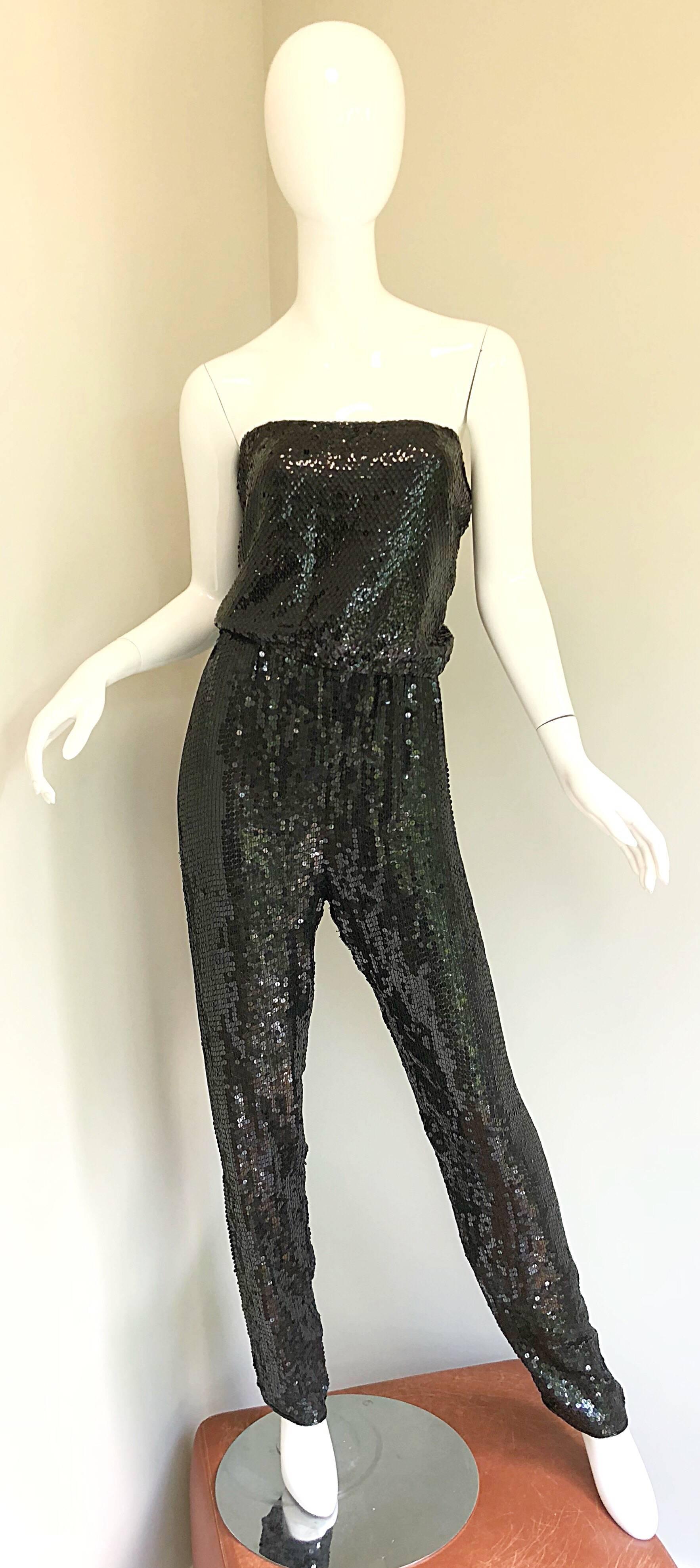 1970s Halston Black Silk Chiffon Fully Sequined 70s Strapless Tube Top + Pants For Sale 3
