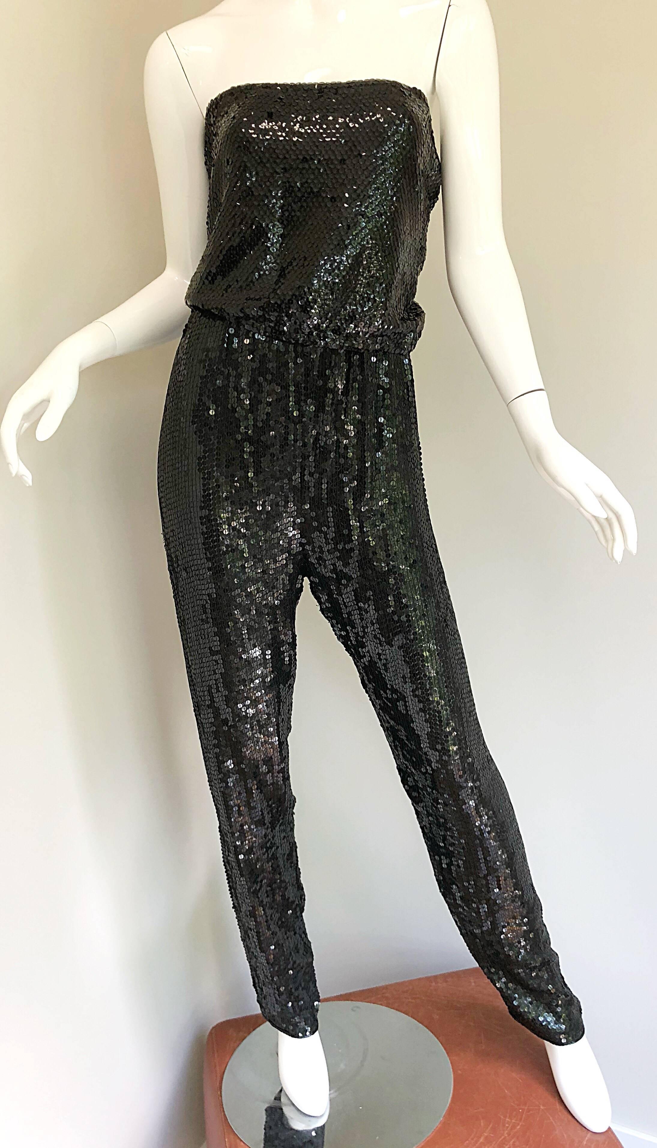 Amazing vintage 1970s HALSTON Studio 54 black silk chiffon fully sequined strapless tube top and trosuers! Looks like a jumpsuit, but better! You can wear each of these pieces together, or as separates Elastic band at both the top and bottom of the