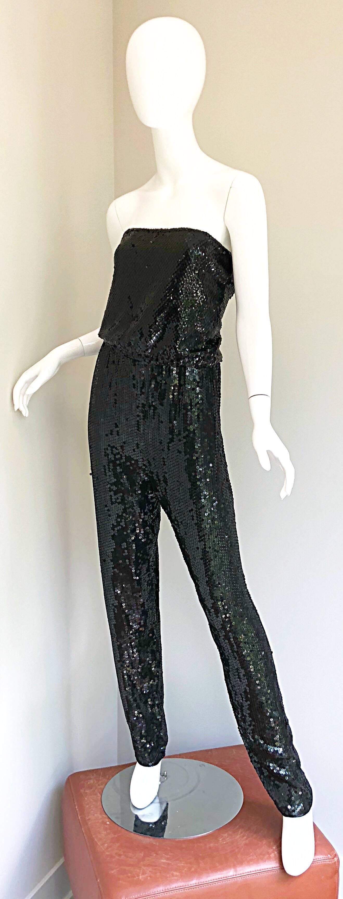 Women's 1970s Halston Black Silk Chiffon Fully Sequined 70s Strapless Tube Top + Pants