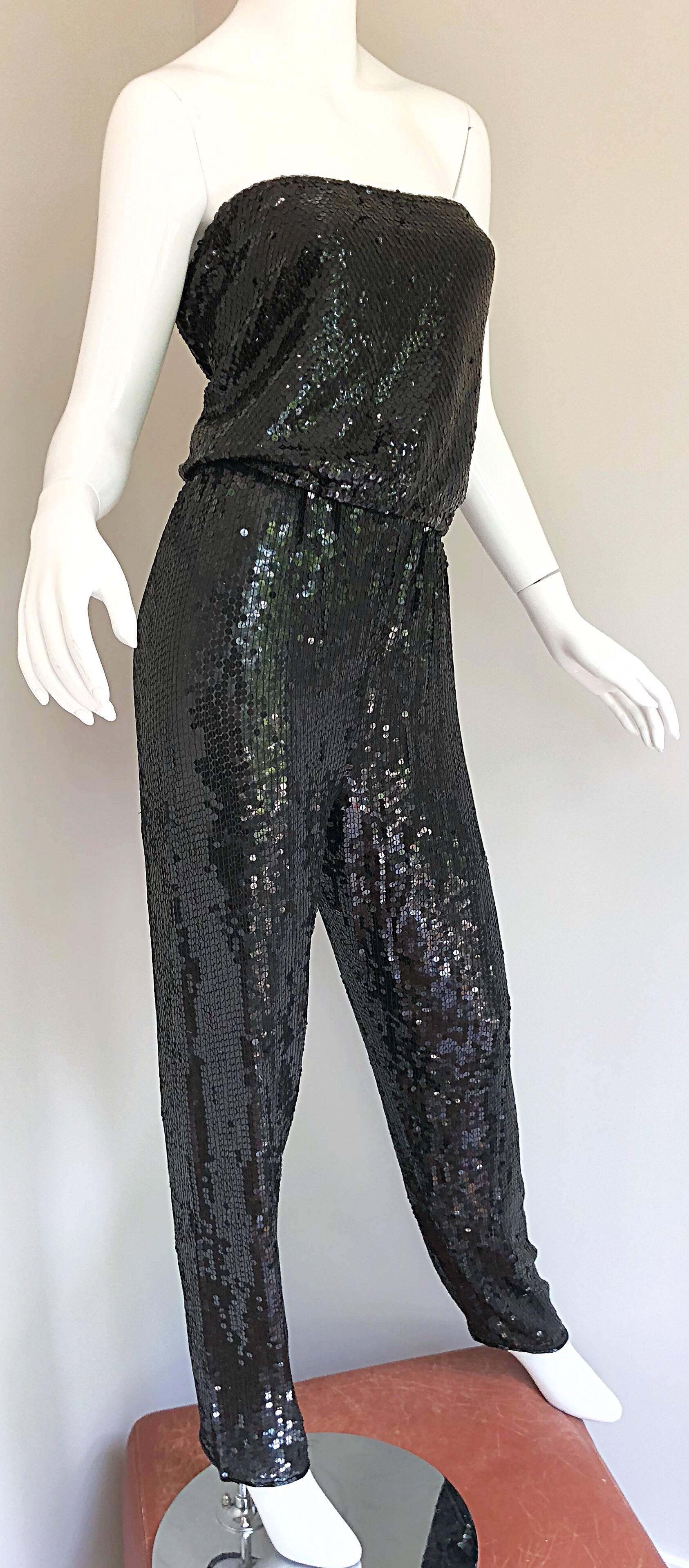 1970s Halston Black Silk Chiffon Fully Sequined 70s Strapless Tube Top + Pants For Sale 1