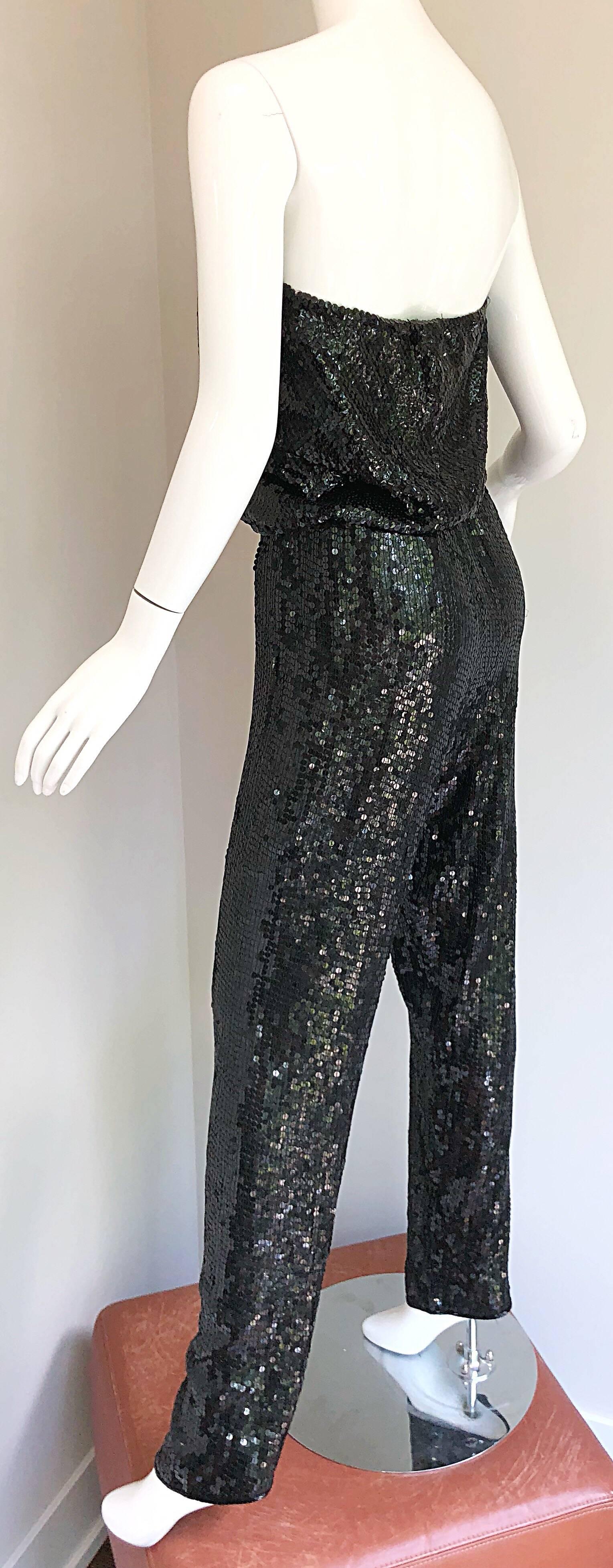 1970s Halston Black Silk Chiffon Fully Sequined 70s Strapless Tube Top + Pants 2