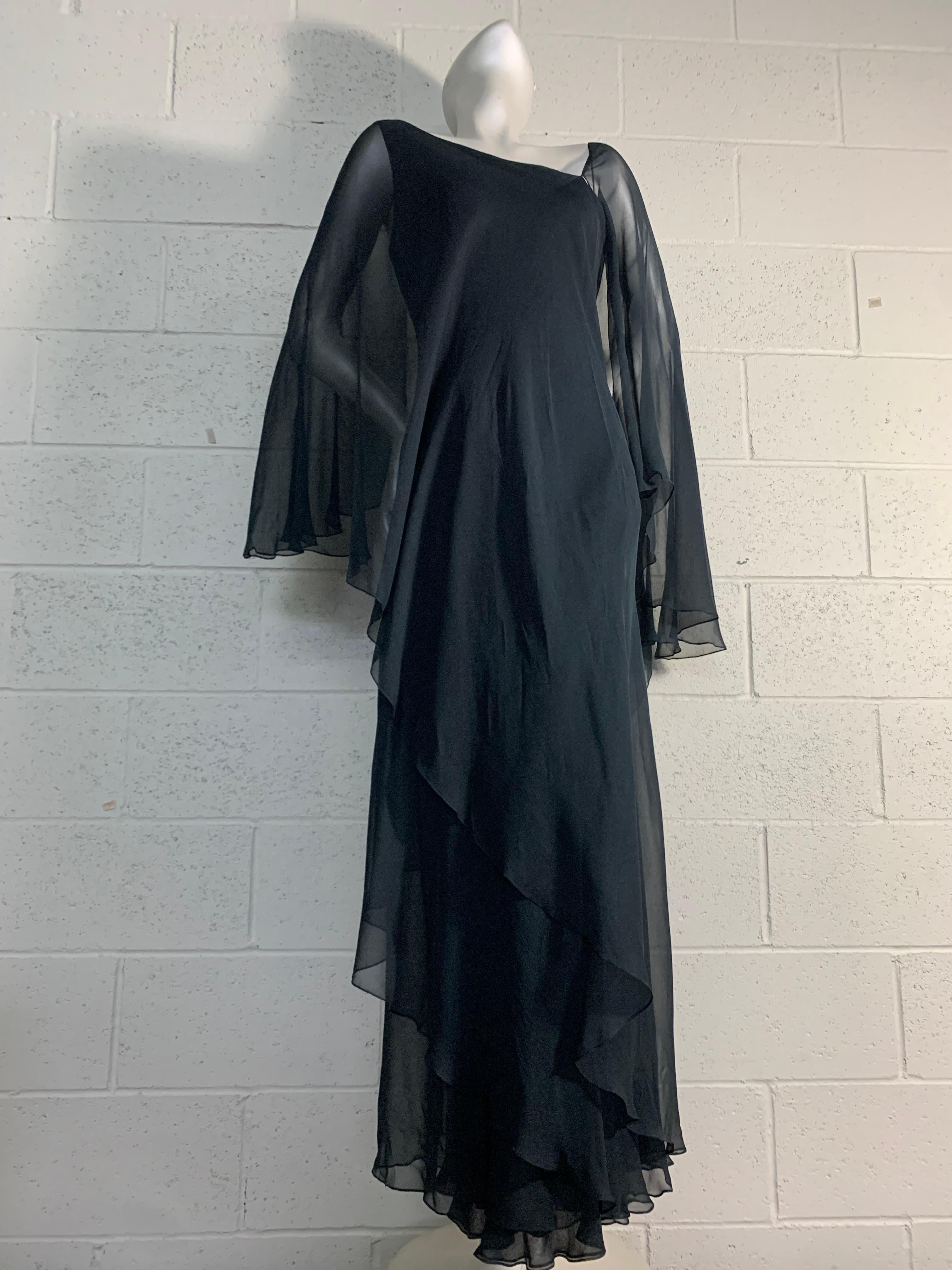  1970s Halston Black Silk Chiffon Tiered Bias One-Shoulder Gown w Sheer Cape 5