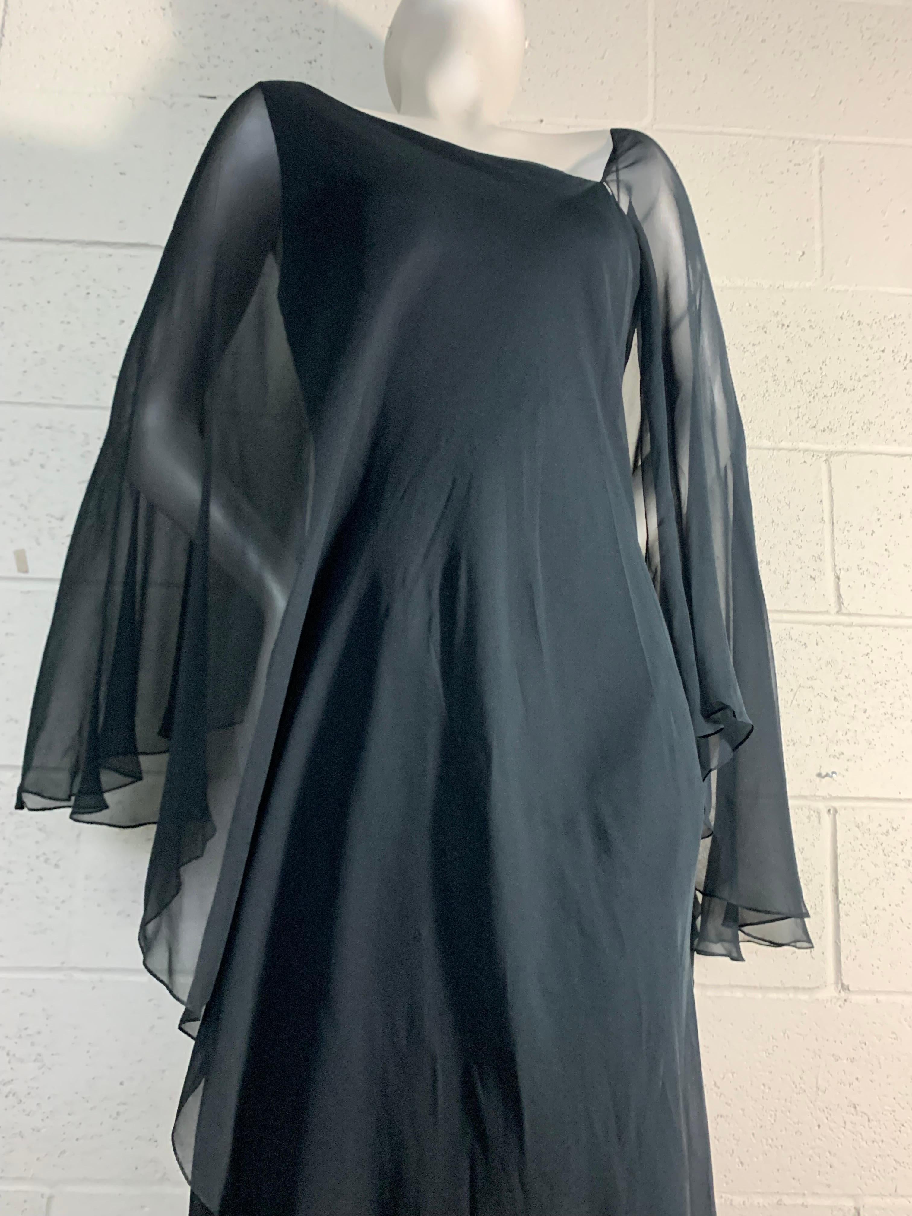  1970s Halston Black Silk Chiffon Tiered Bias One-Shoulder Gown w Sheer Cape 6