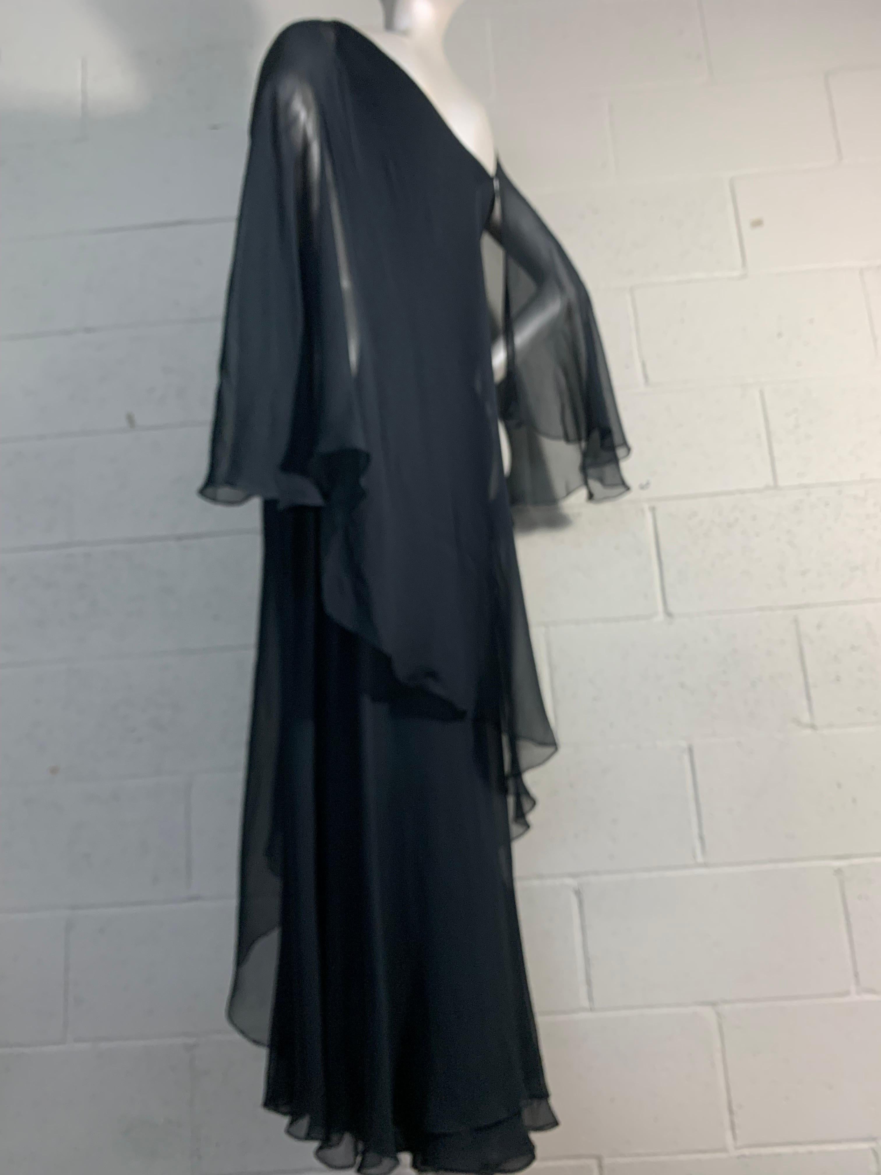  1970s Halston Black Silk Chiffon Tiered Bias One-Shoulder Gown w Sheer Cape 7