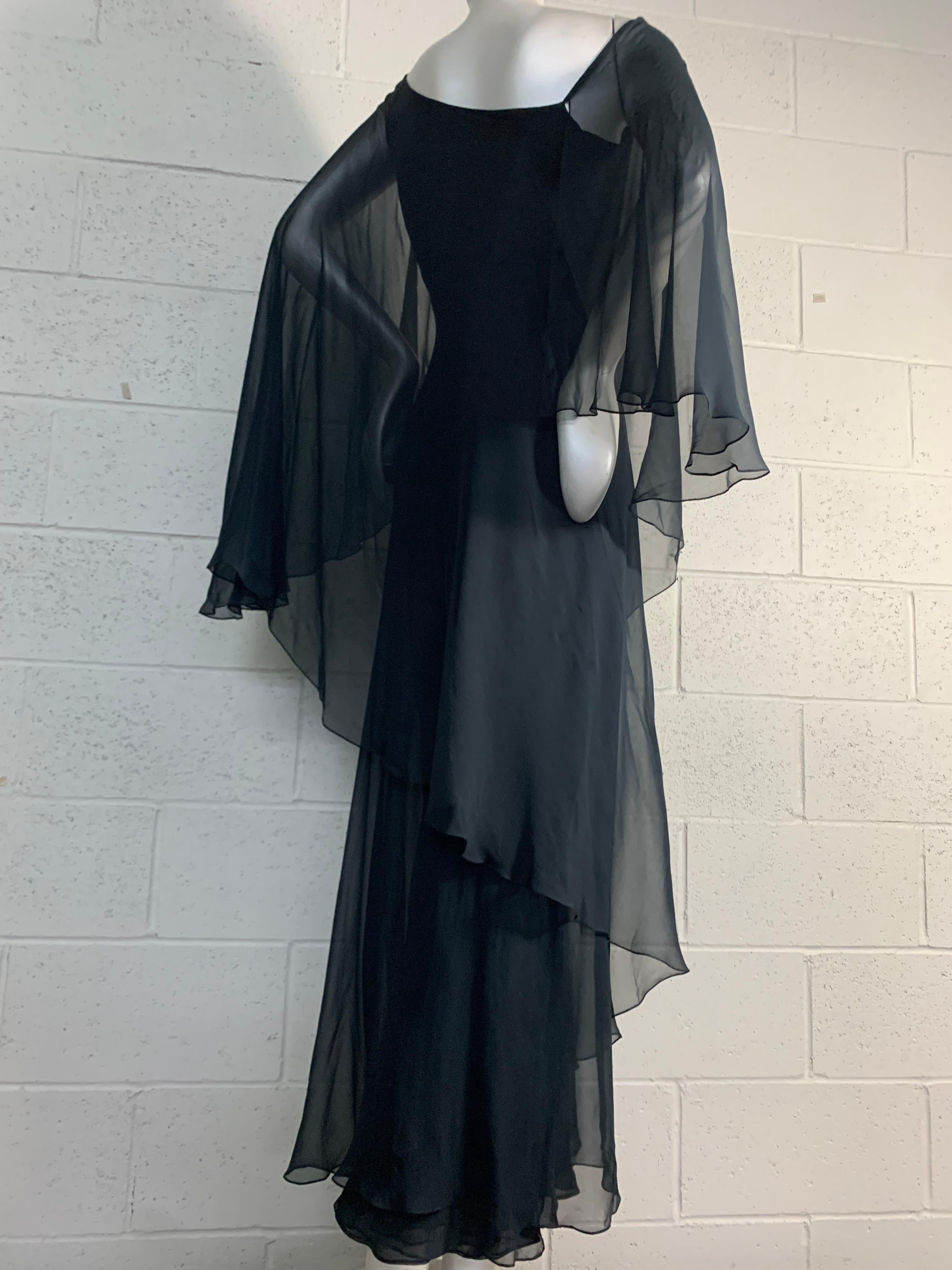  1970s Halston Black Silk Chiffon Tiered Bias One-Shoulder Gown w Sheer Cape 8
