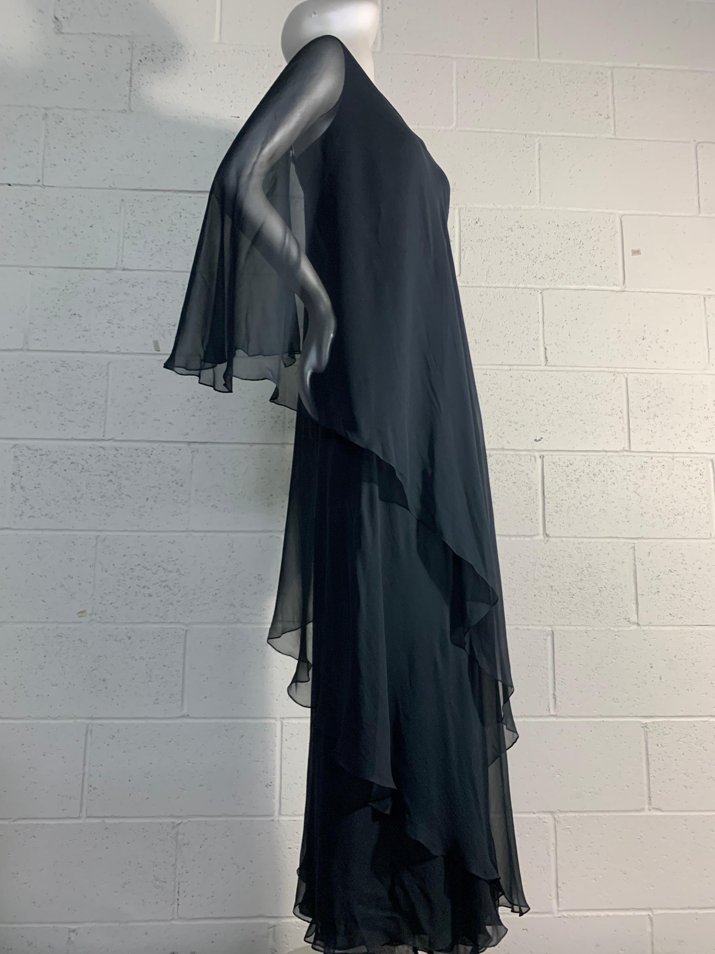  1970s Halston Black Silk Chiffon Tiered Bias One-Shoulder Gown w Sheer Cape 9