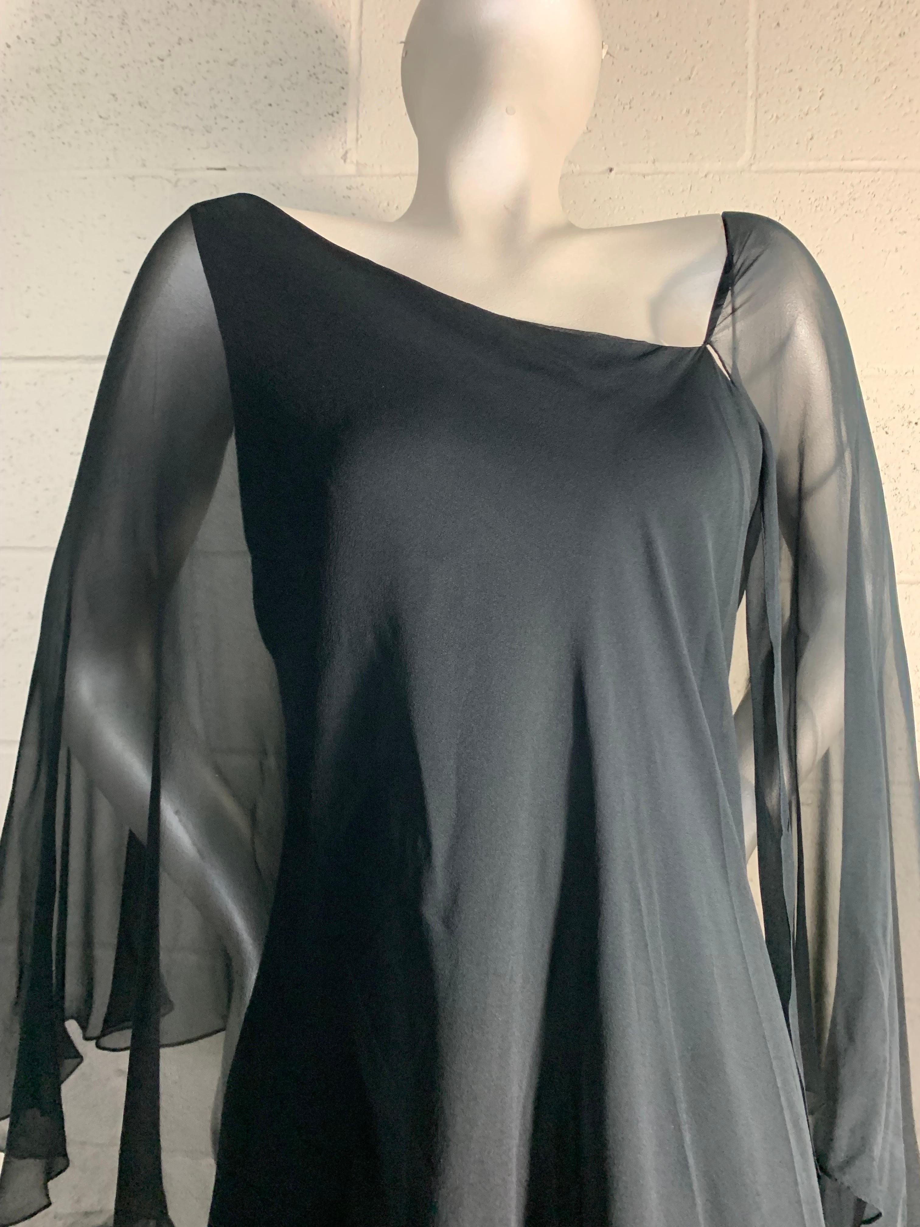  1970s Halston Black Silk Chiffon Tiered Bias One-Shoulder Gown w Sheer Cape 10