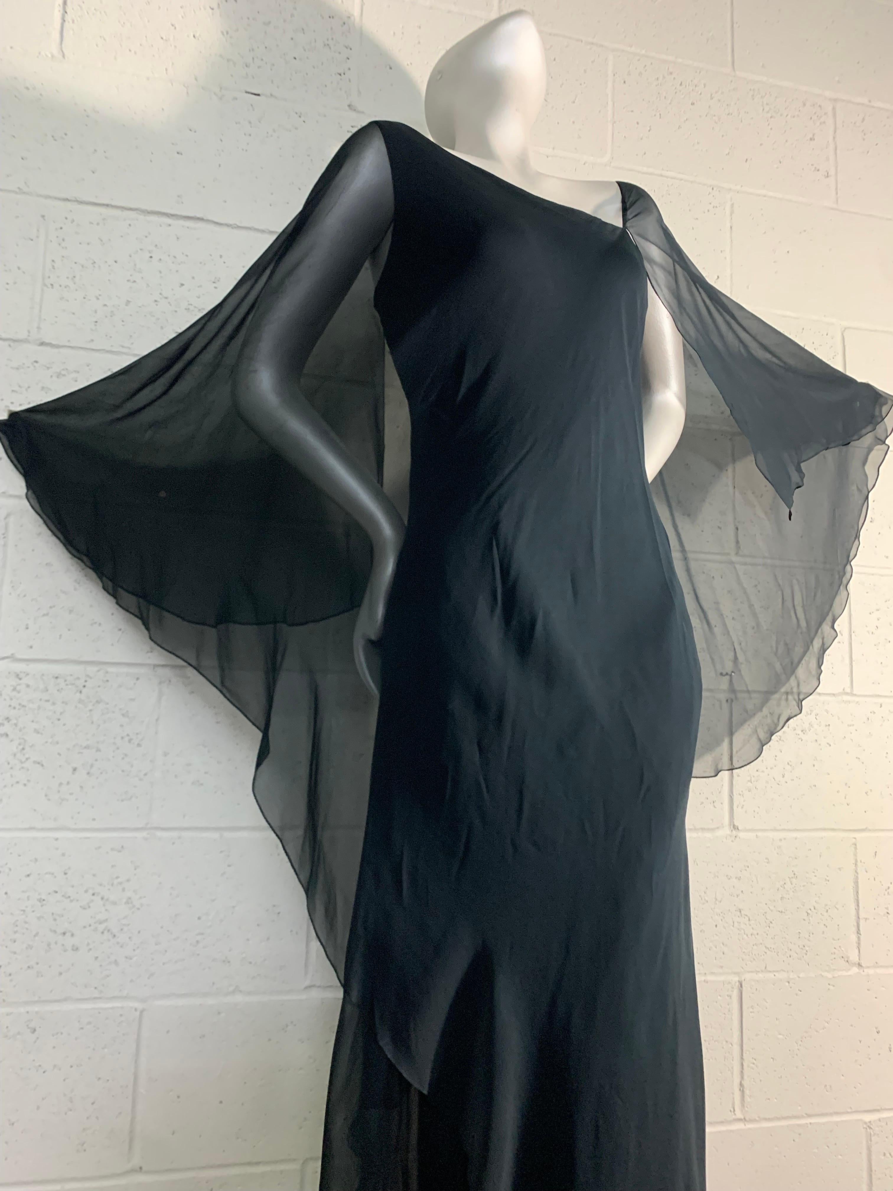  1970s Halston Black Silk Chiffon Tiered Bias One-Shoulder Gown w Sheer Cape In Good Condition In Gresham, OR