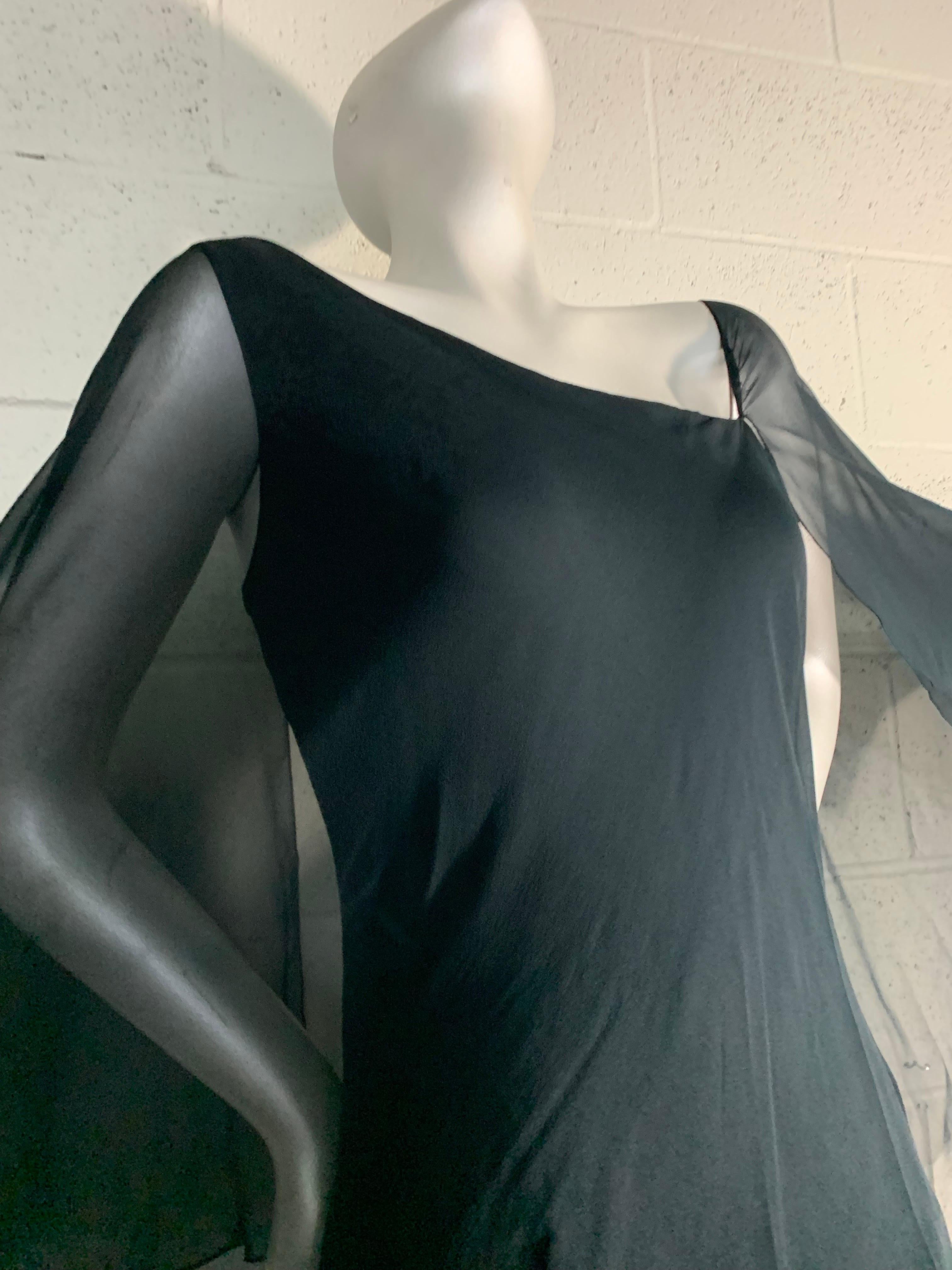 Women's  1970s Halston Black Silk Chiffon Tiered Bias One-Shoulder Gown w Sheer Cape