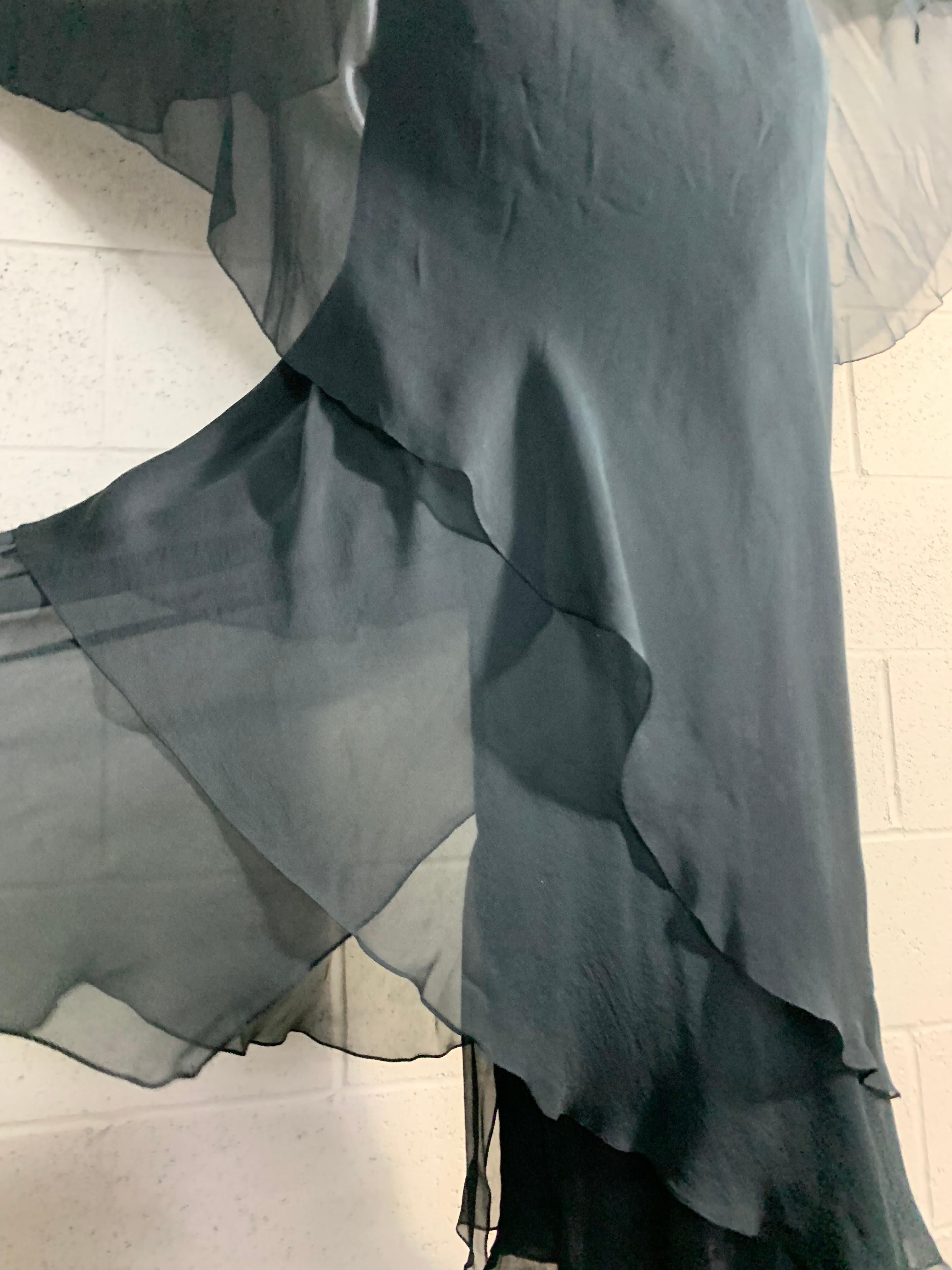 1970s Halston Black Silk Chiffon Tiered Bias One-Shoulder Gown w Sheer Cape 1