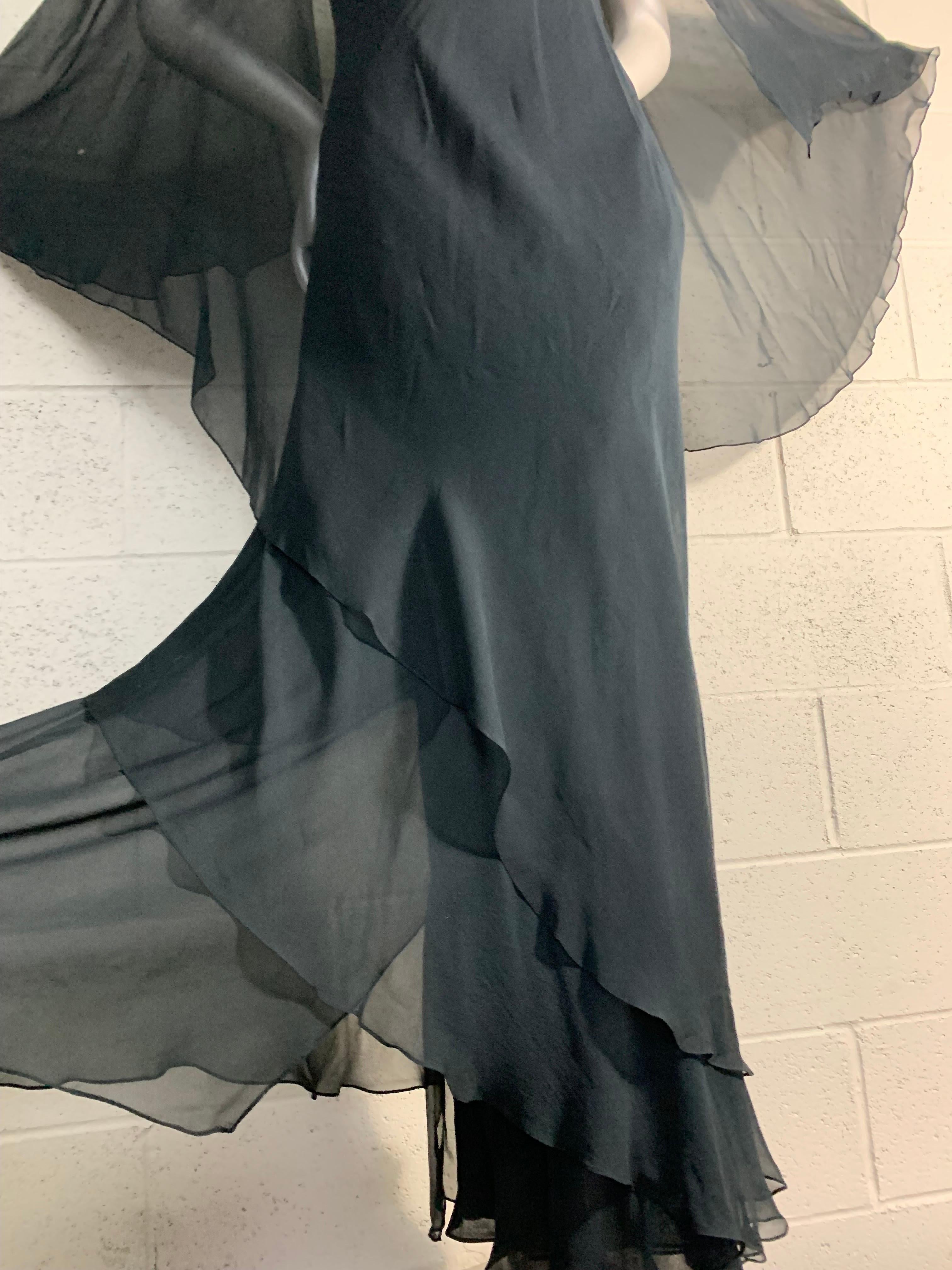  1970s Halston Black Silk Chiffon Tiered Bias One-Shoulder Gown w Sheer Cape 3