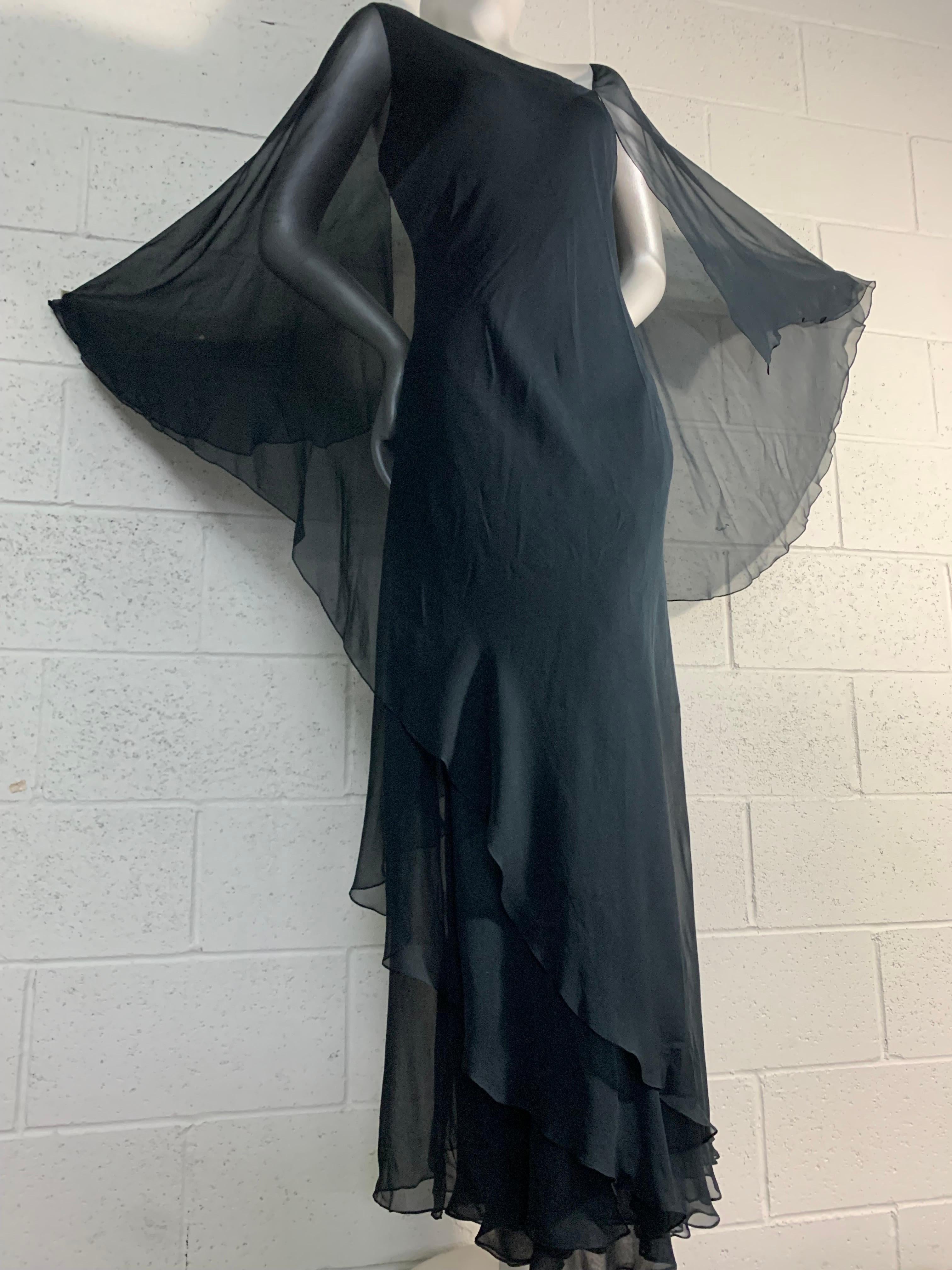  1970s Halston Black Silk Chiffon Tiered Bias One-Shoulder Gown w Sheer Cape 4