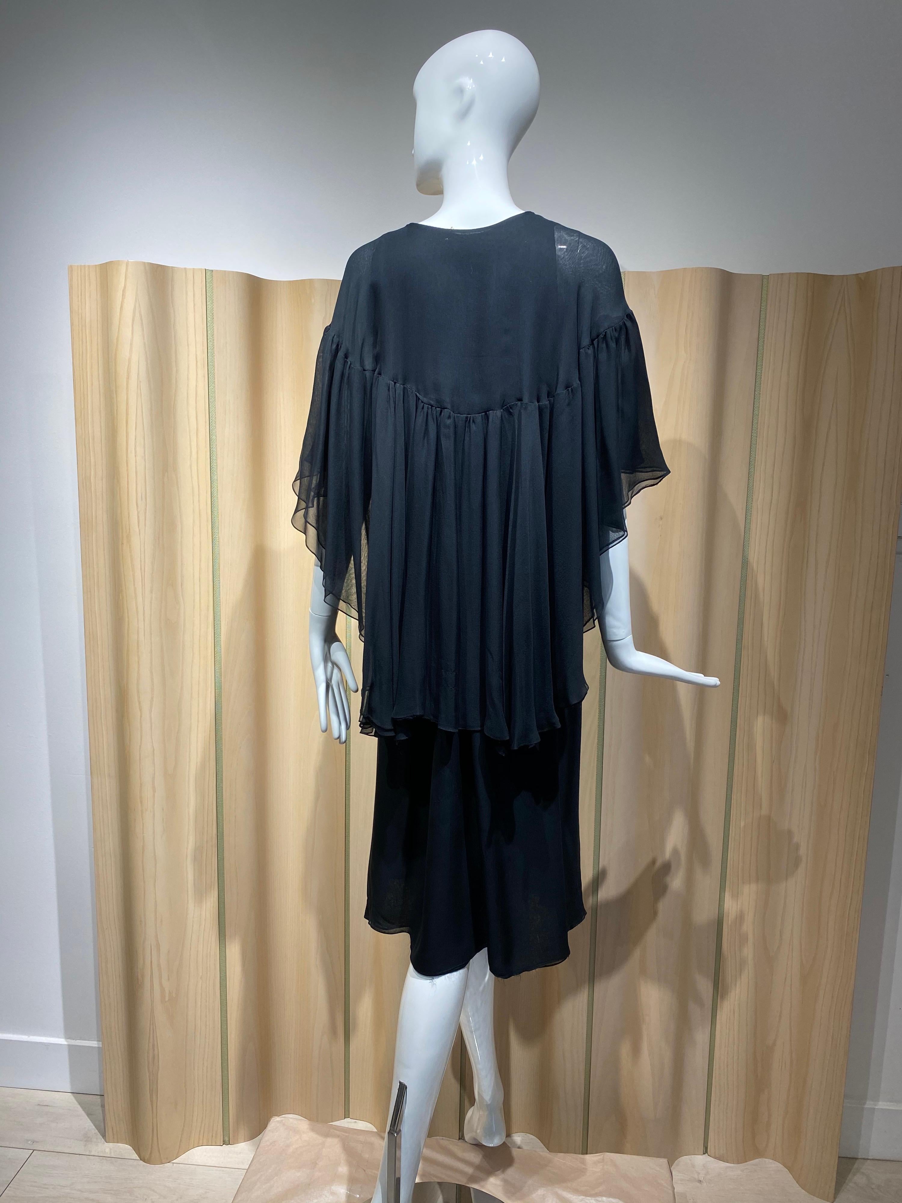 Women's 1970s HALSTON Black Silk Chiffon Wrap Dress