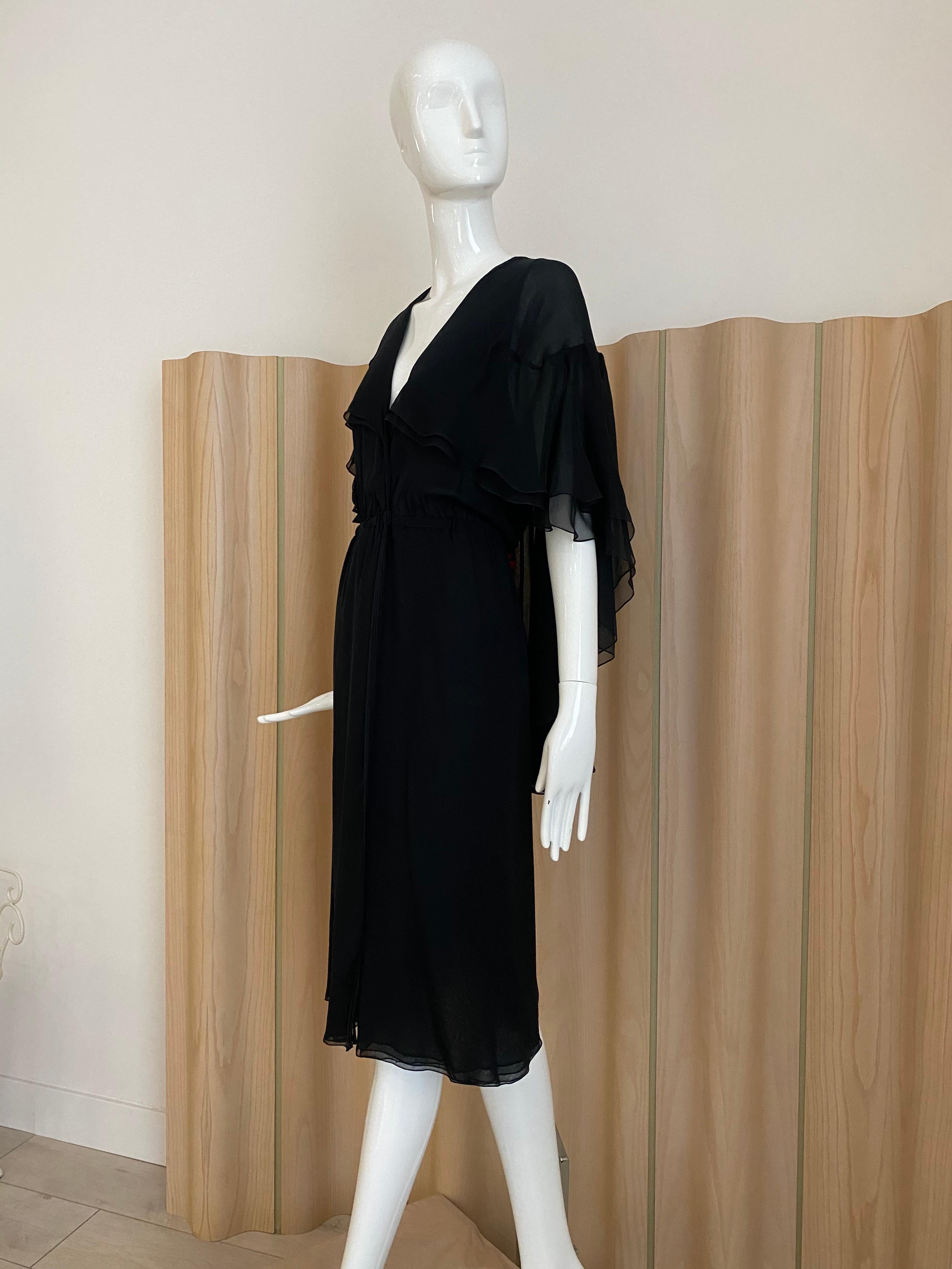 1970s HALSTON Black Silk Chiffon Wrap Dress 1