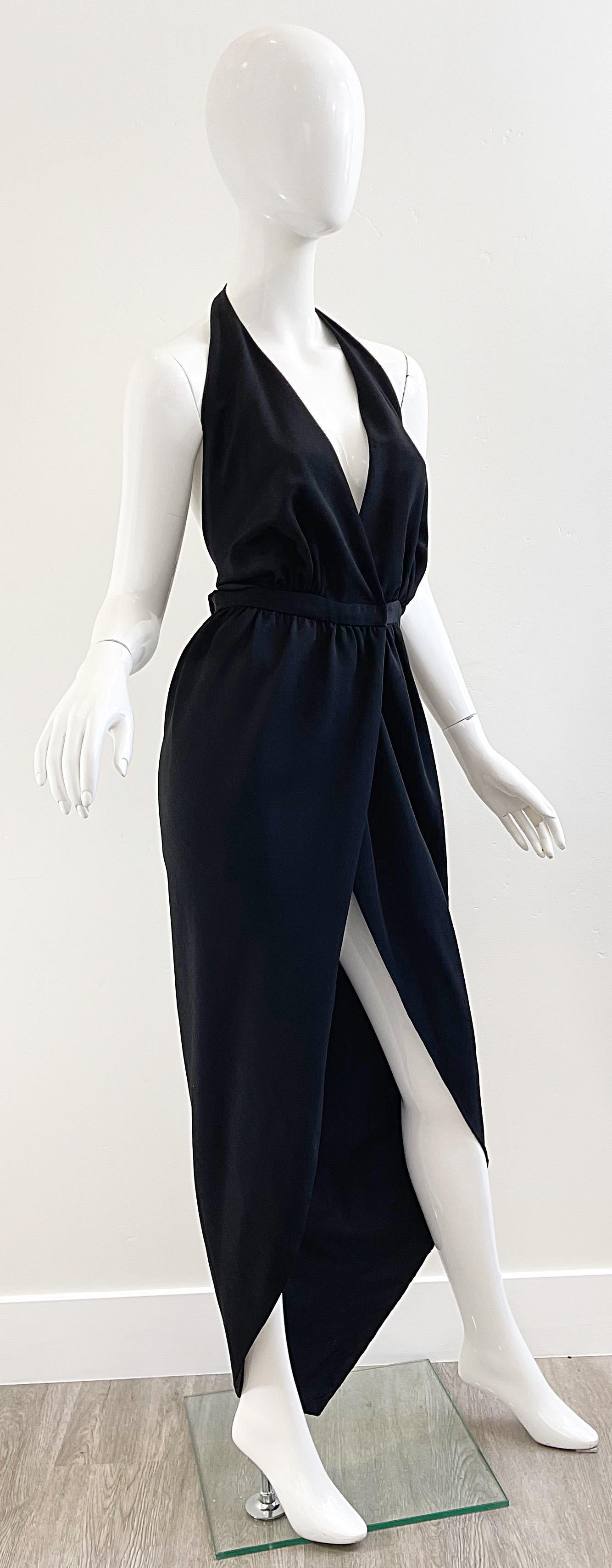 Women's 1970s HALSTON Black Silk Tulip Hem Hi-Lo Wrap Halter Vintage 70s Maxi Dress
