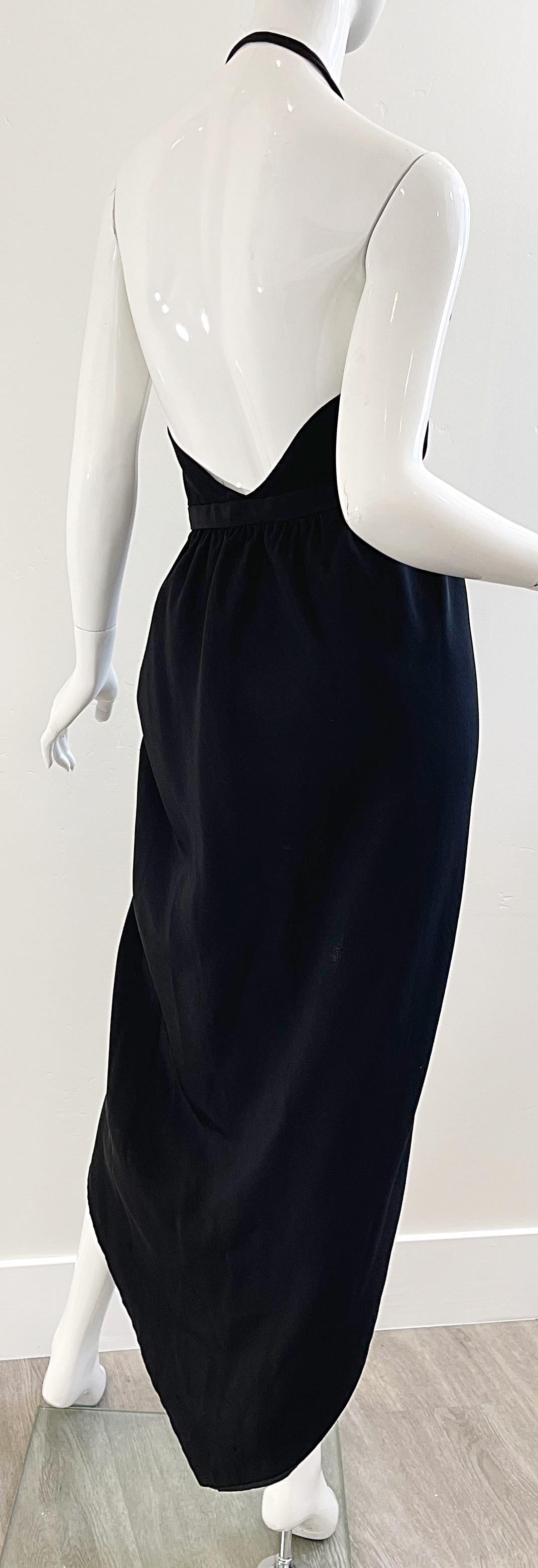 1970s HALSTON Black Silk Tulip Hem Hi-Lo Wrap Halter Vintage 70s Maxi Dress 2