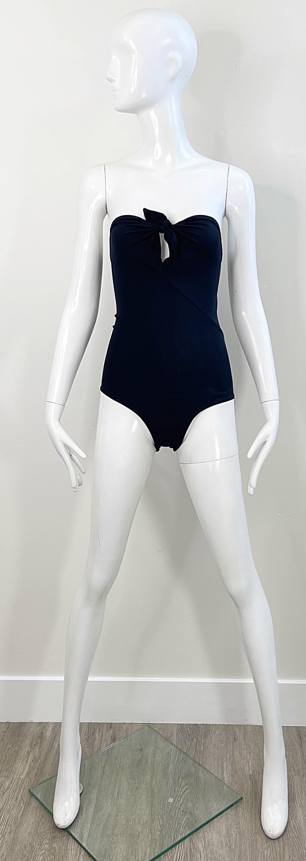 1970s Halston Black Strapless Bandeau Keyhole Vintage 70s Swimsuit / Bodysuit  For Sale 6