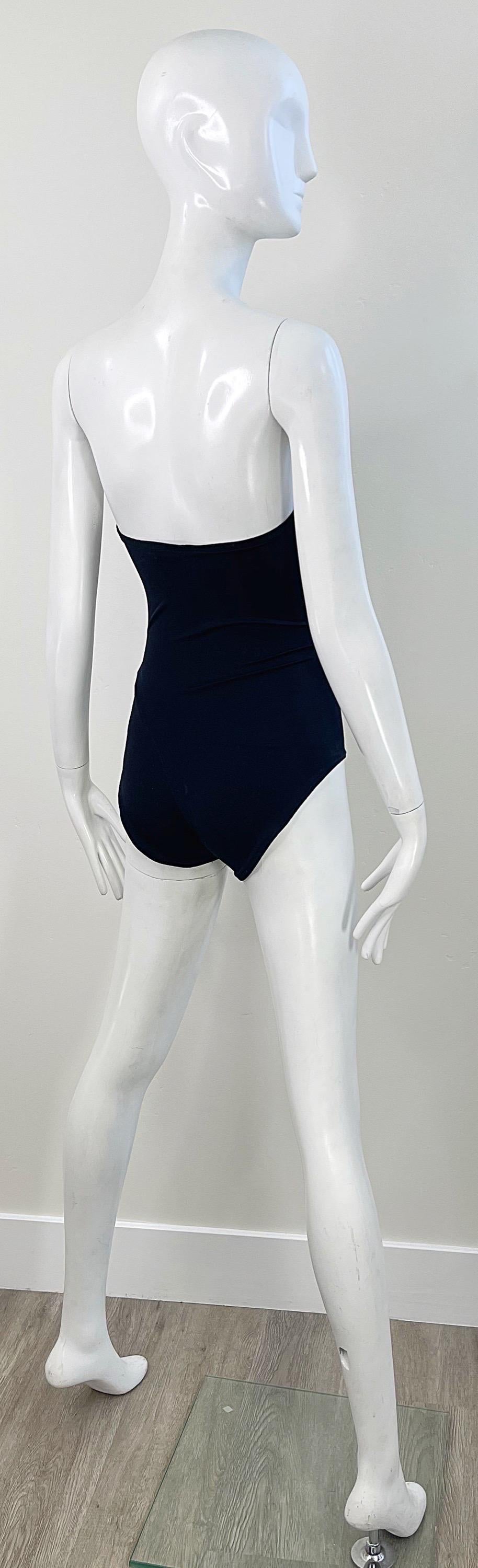 1970s Halston Black Strapless Bandeau Keyhole Vintage 70s Swimsuit / Bodysuit  For Sale 1