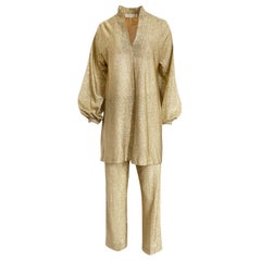 1970s Halston Bright Gold Metallic Lame Lurex Top & Pant Set