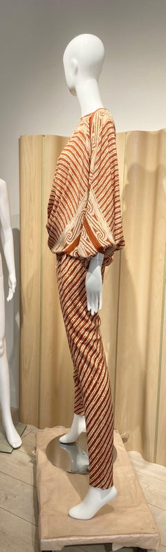1970s Halston Brown and Cream Silk Ikat Print Blouse and Pant set