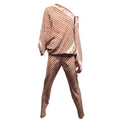 1970s Halston Brown and Cream Silk Ikat Print Blouse and Pant set