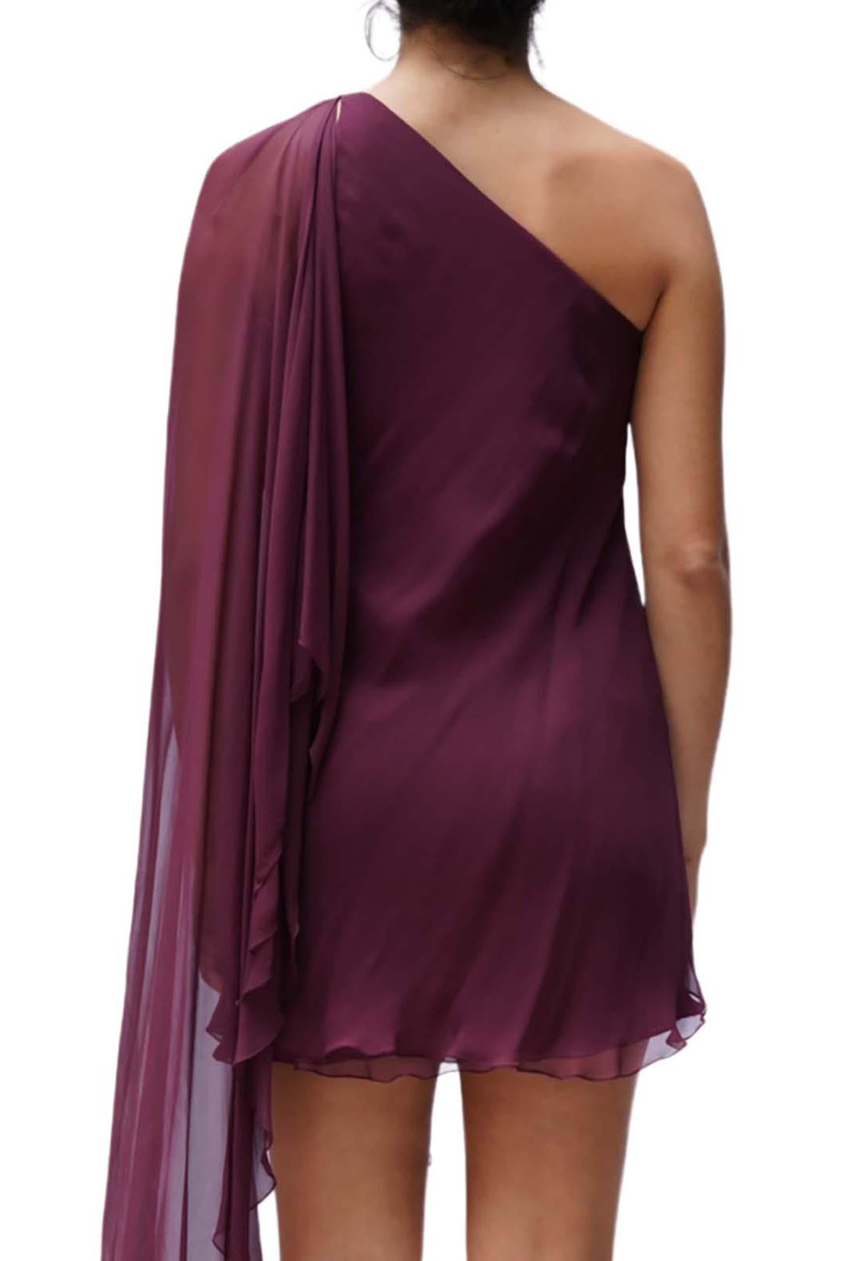 1970S HALSTON Burgundy Bias Cut Silk Chiffon One Shoulder Mini Cocktail Dress W 5