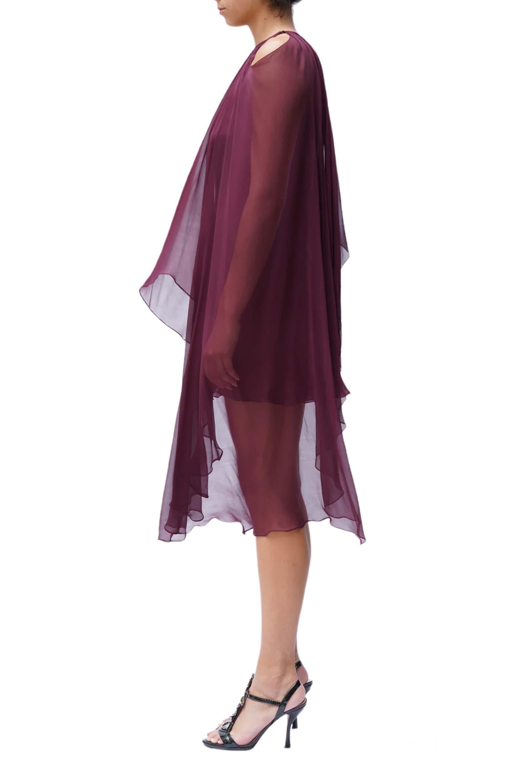 Brown 1970S HALSTON Burgundy Bias Cut Silk Chiffon One Shoulder Mini Cocktail Dress W