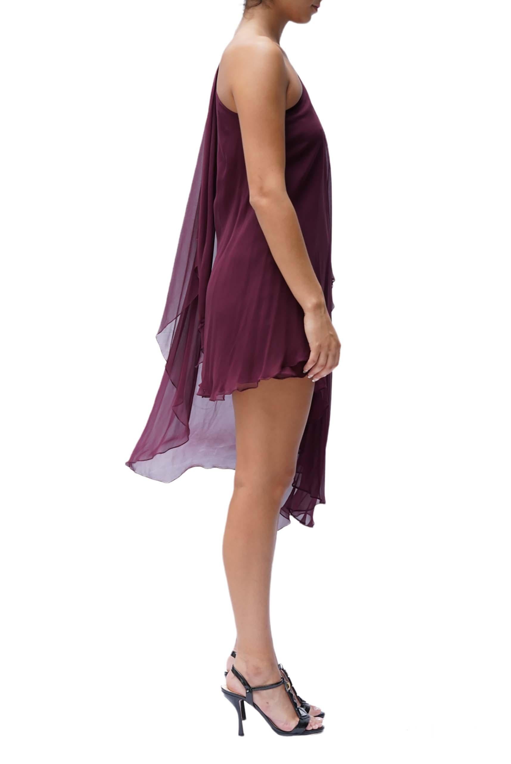 1970S HALSTON Burgundy Bias Cut Silk Chiffon One Shoulder Mini Cocktail Dress W In Excellent Condition In New York, NY