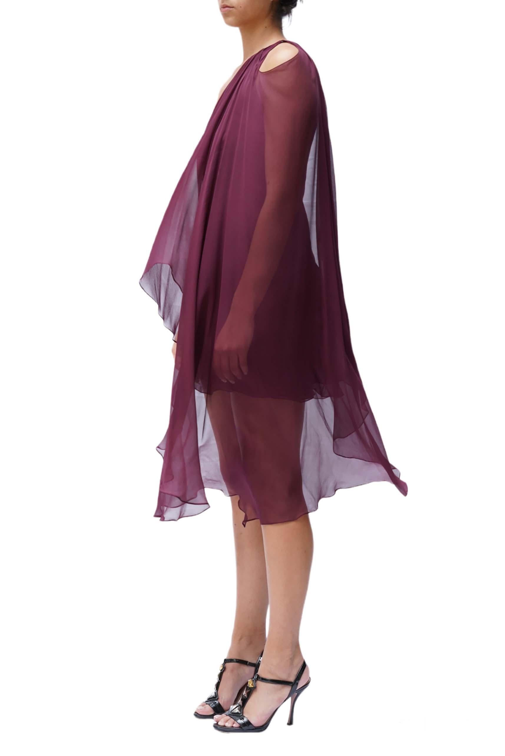 Women's 1970S HALSTON Burgundy Bias Cut Silk Chiffon One Shoulder Mini Cocktail Dress W