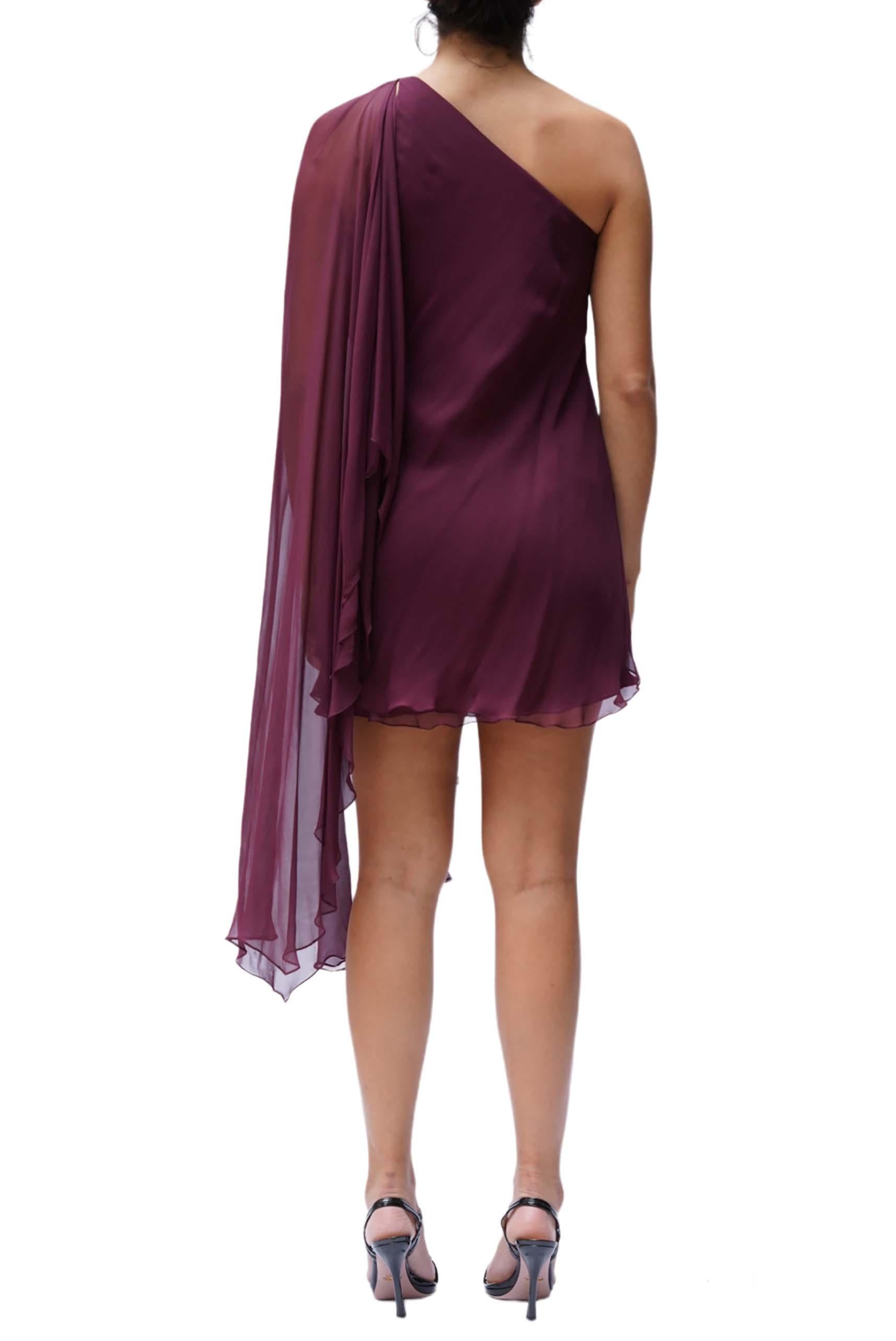 1970S HALSTON Burgundy Bias Cut Silk Chiffon One Shoulder Mini Cocktail Dress W 1
