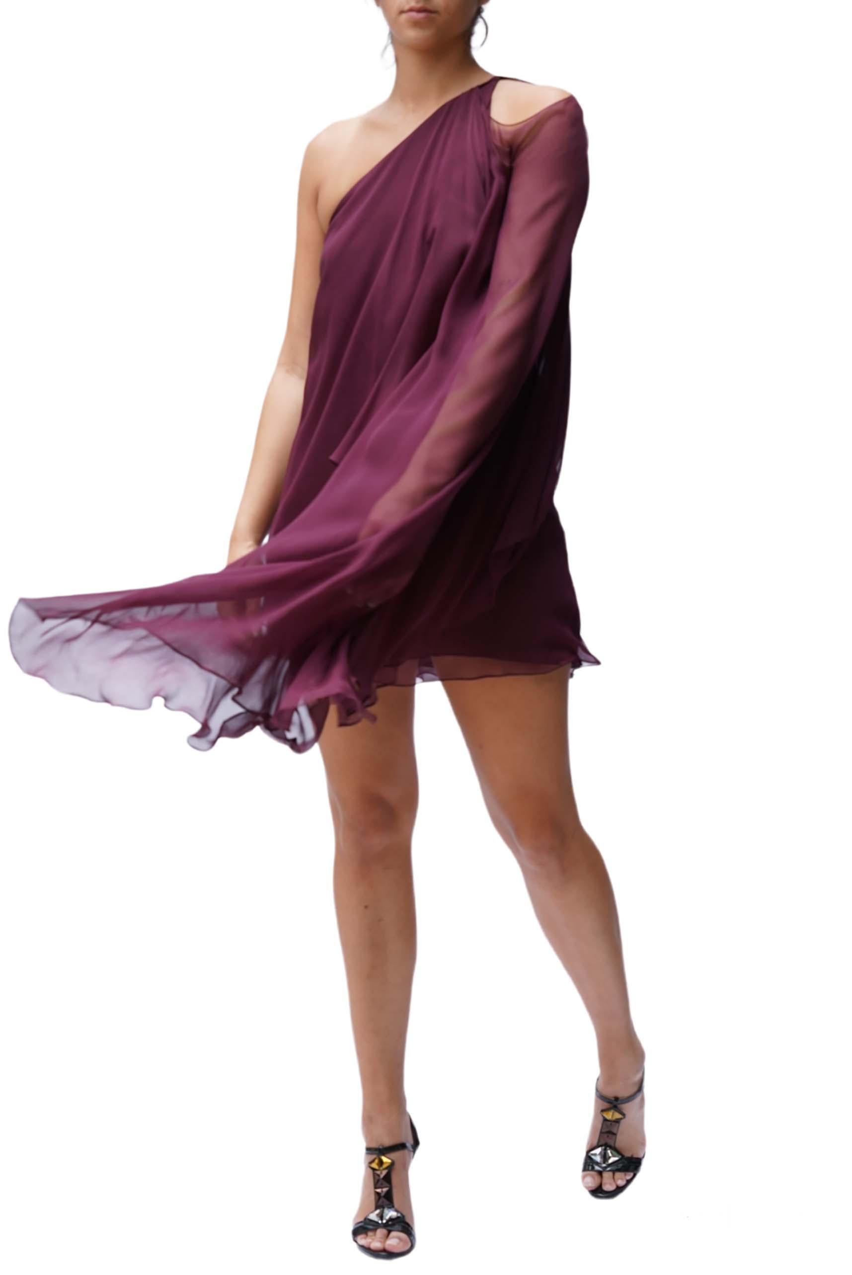 1970S HALSTON Burgundy Bias Cut Silk Chiffon One Shoulder Mini Cocktail Dress W 3