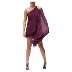 1970S HALSTON Burgundy Bias Cut Silk Chiffon One Shoulder Mini Cocktail Dress W