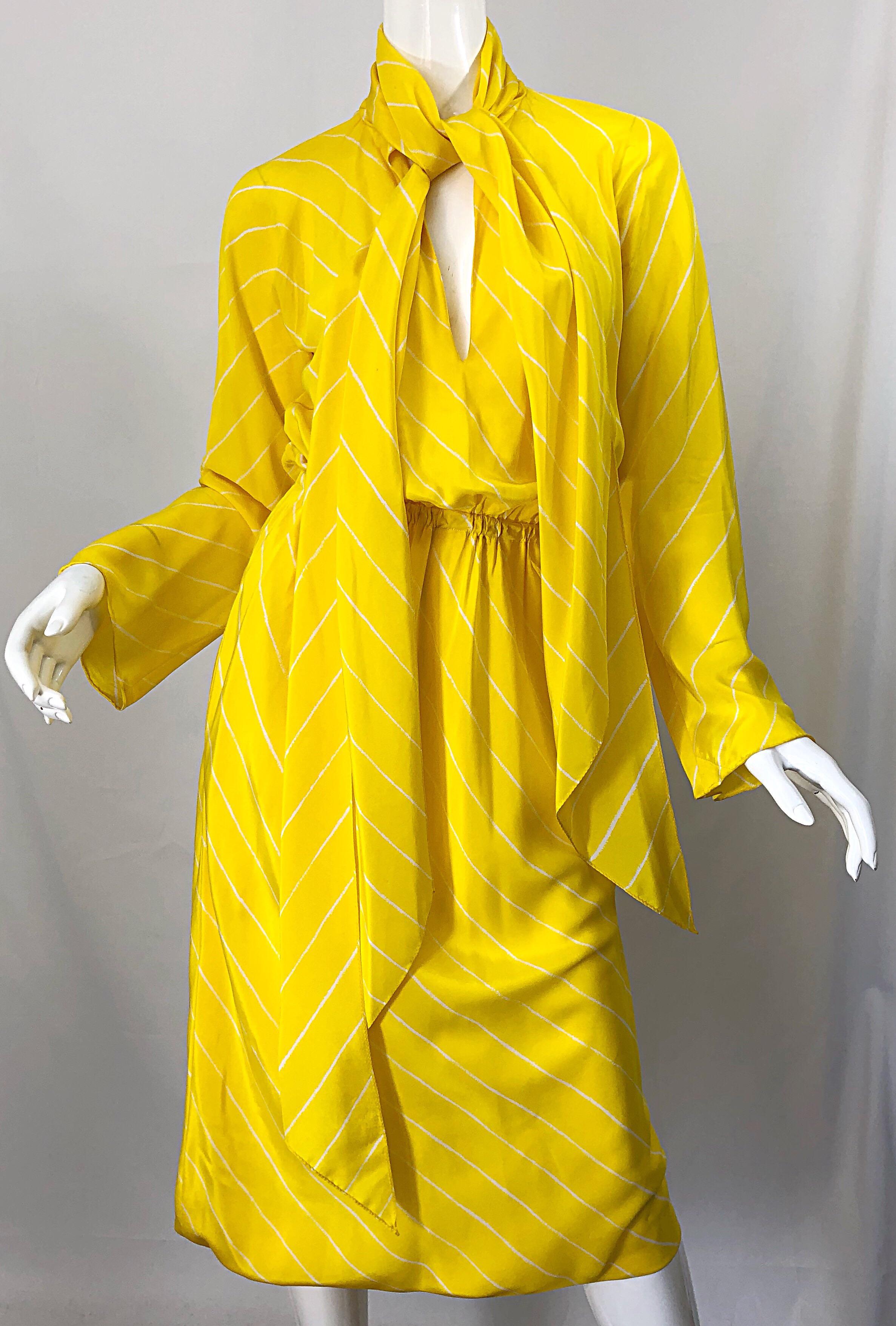 1970s Halston Canary Yellow + White Chevron Striped Bell Sleeve 70s Scarf Dress 3