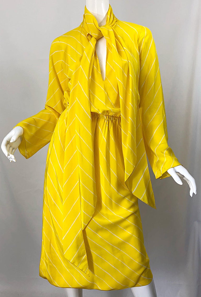 1970s Halston Canary Yellow + White Chevron Striped Bell Sleeve 70s Scarf Dress For Sale 6