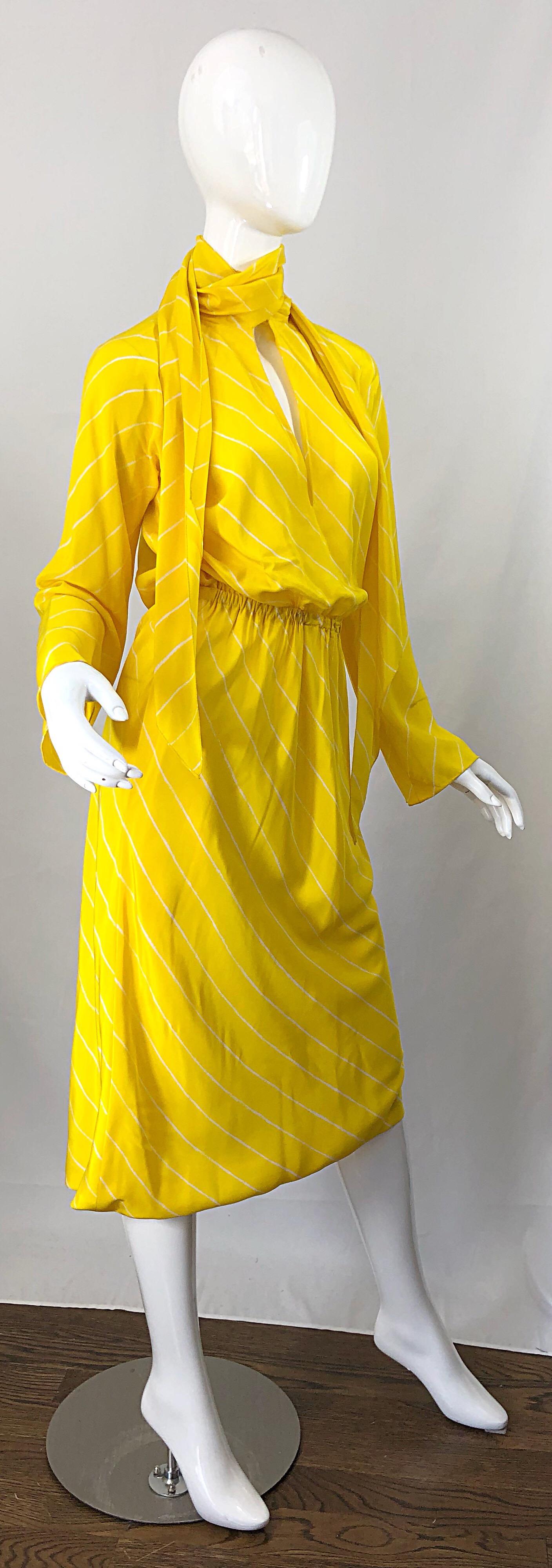 1970s Halston Canary Yellow + White Chevron Striped Bell Sleeve 70s Scarf Dress 4