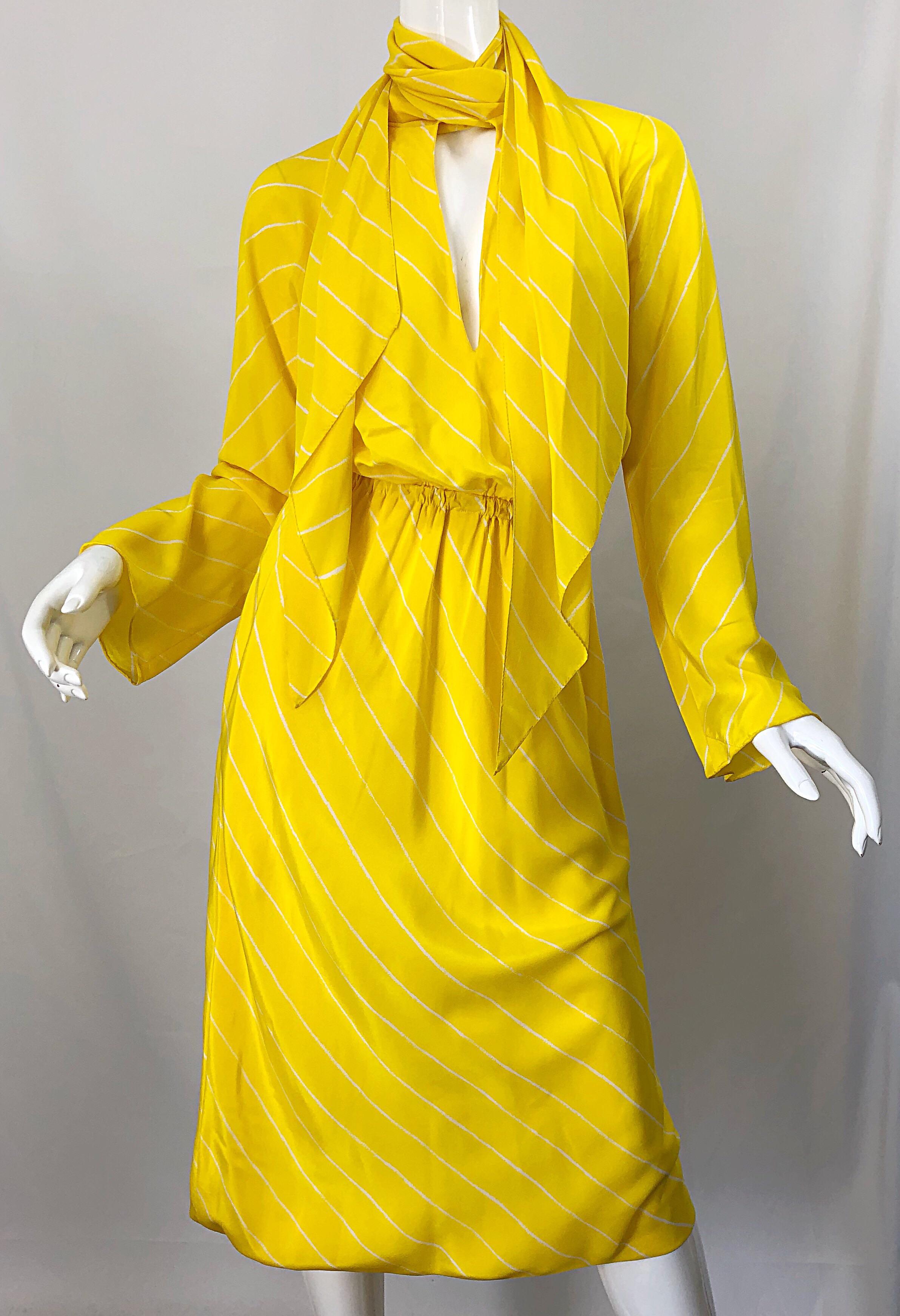 1970s Halston Canary Yellow + White Chevron Striped Bell Sleeve 70s Scarf Dress 5