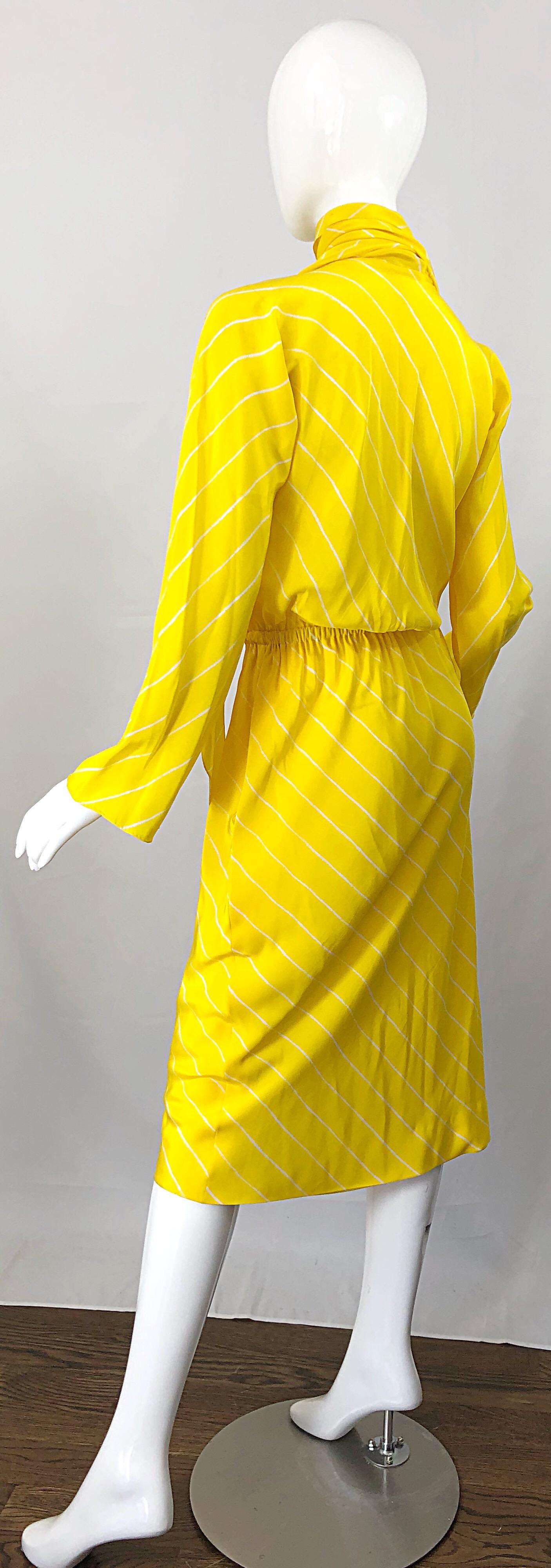 1970s Halston Canary Yellow + White Chevron Striped Bell Sleeve 70s Scarf Dress 6