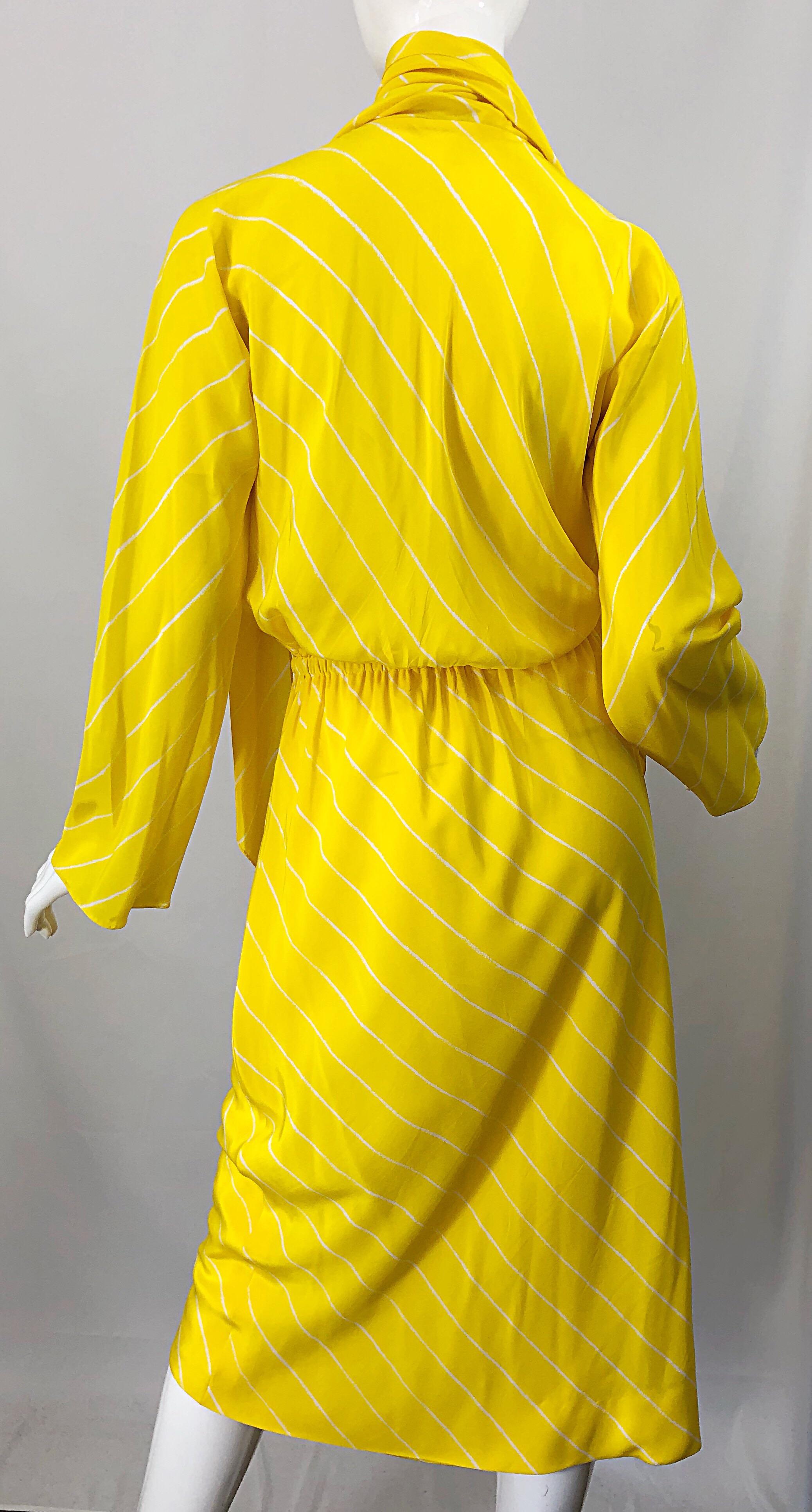 1970s Halston Canary Yellow + White Chevron Striped Bell Sleeve 70s Scarf Dress 7