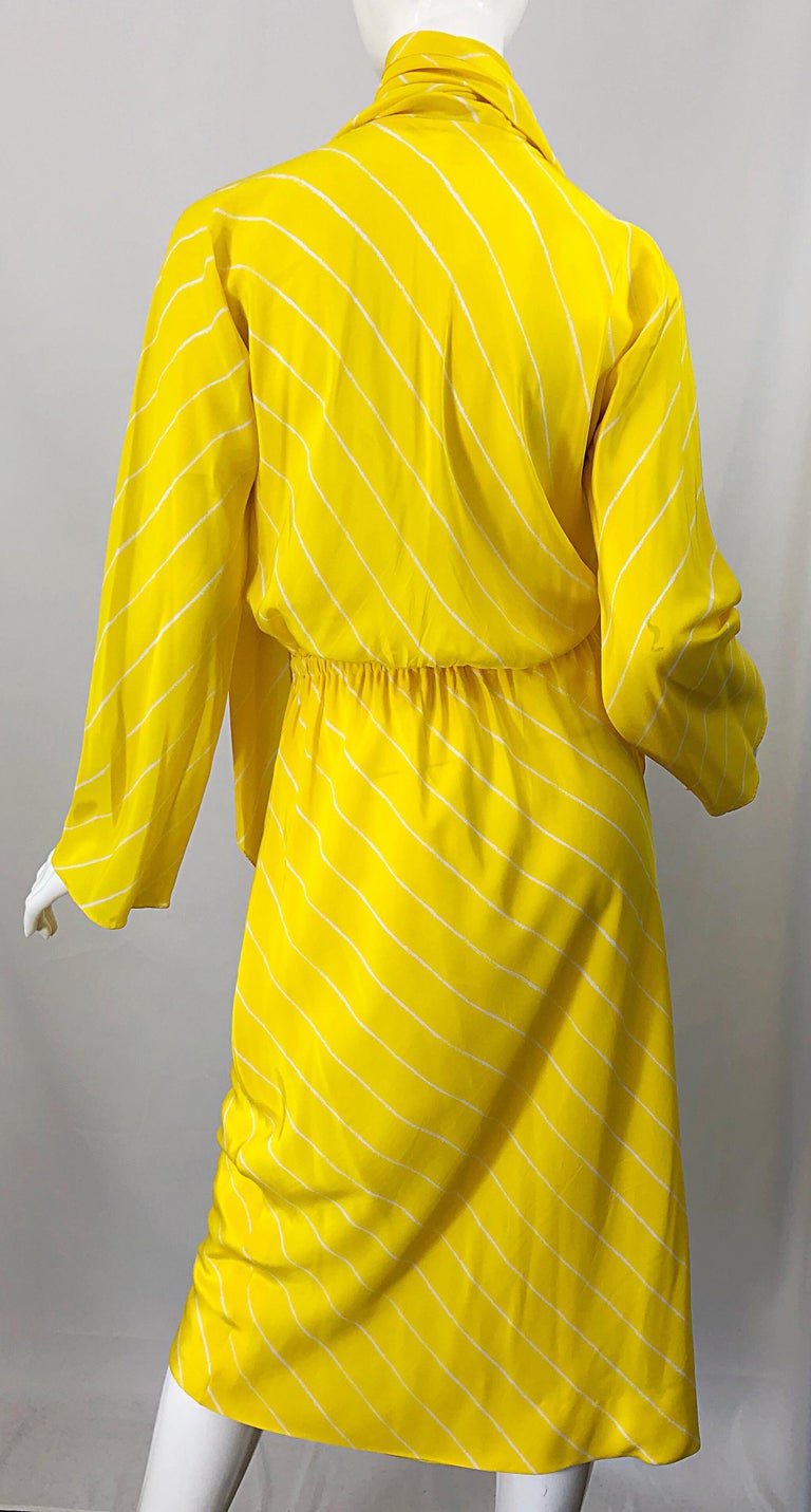 1970s Halston Canary Yellow + White Chevron Striped Bell Sleeve 70s Scarf Dress For Sale 10