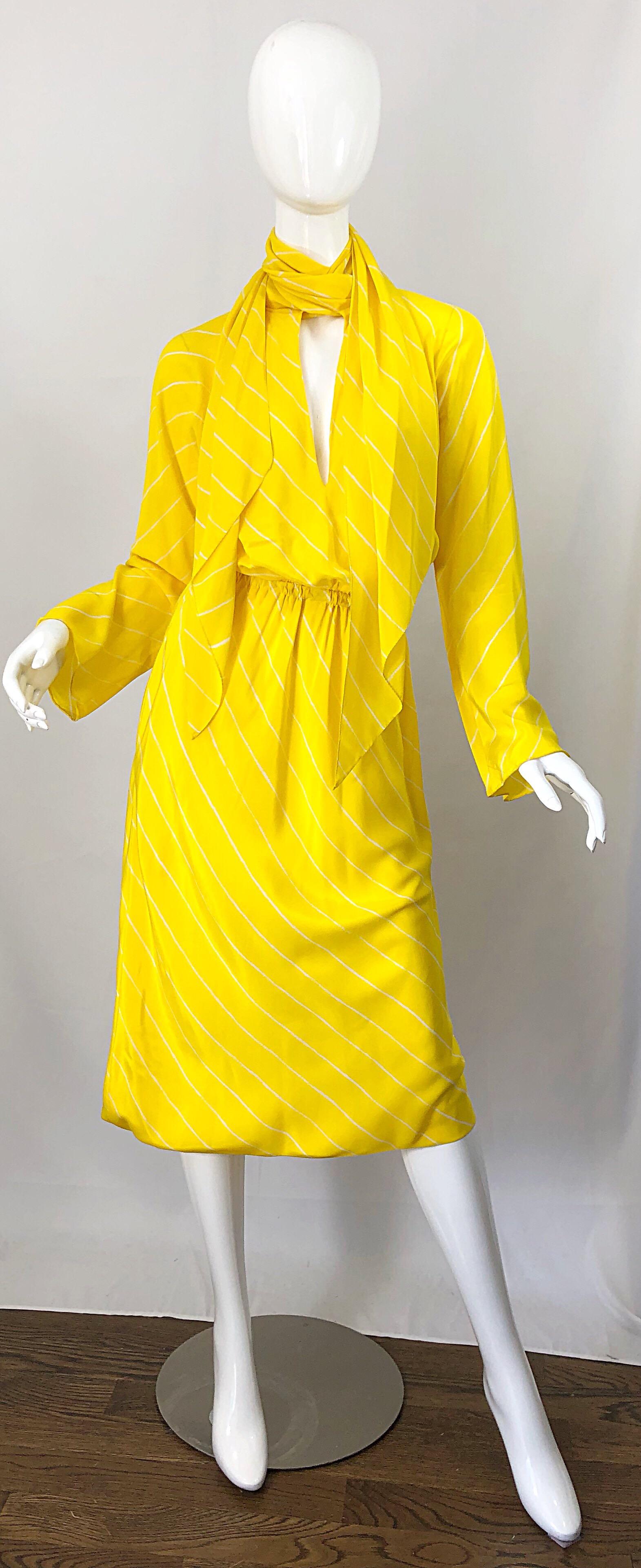 1970s Halston Canary Yellow + White Chevron Striped Bell Sleeve 70s Scarf Dress 8
