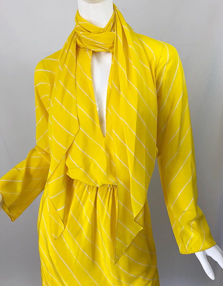 Women's 1970s Halston Canary Yellow + White Chevron Striped Bell Sleeve 70s Scarf Dress For Sale